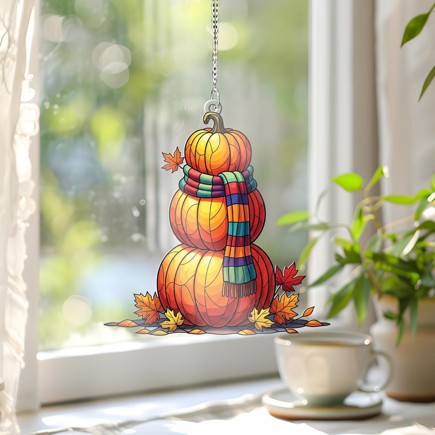 Pumpkin Snowman Window Hanging – Faux Stained Glass Fall Suncatcher, Autumn Leaf Decor, Cozy Harvest Thanksgiving Home Decoration