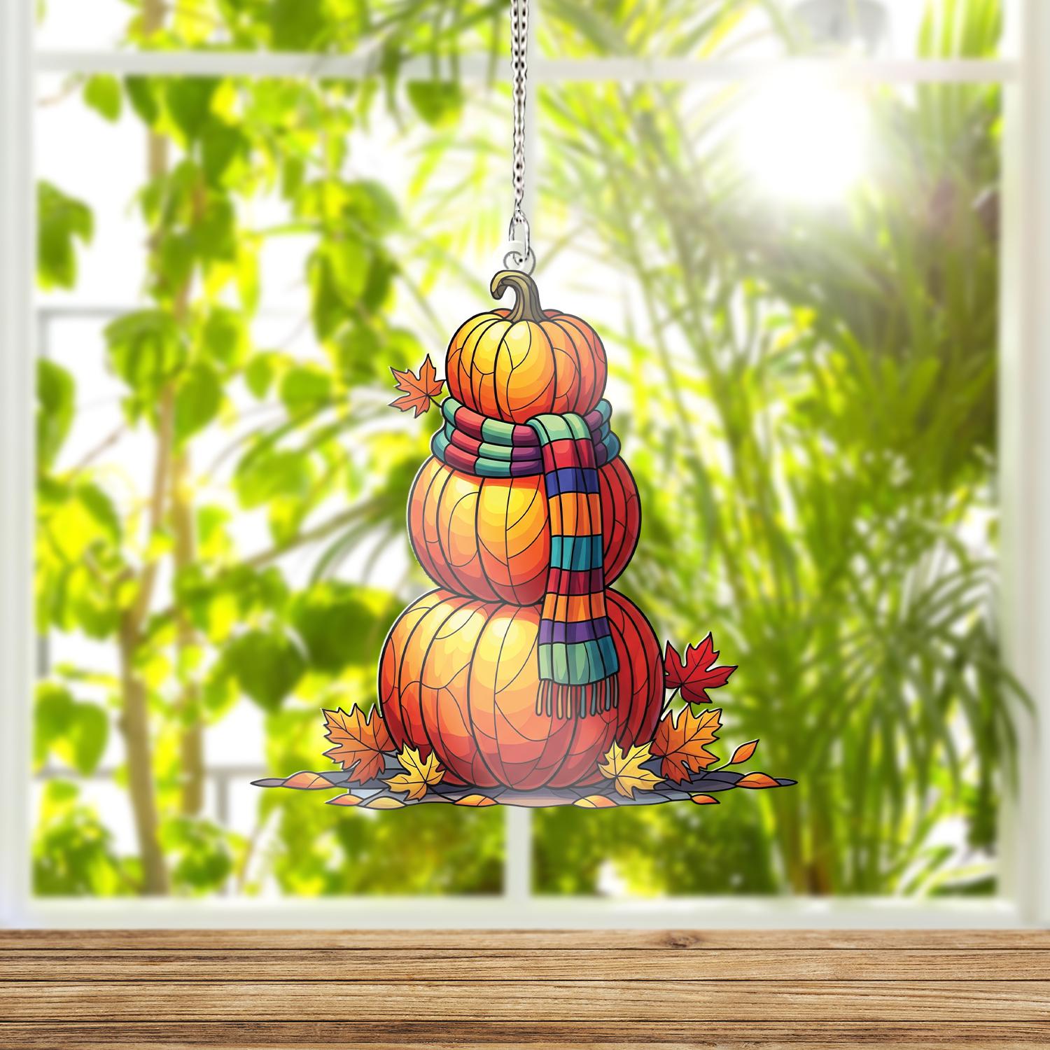 Pumpkin Snowman Window Hanging – Faux Stained Glass Fall Suncatcher, Autumn Leaf Decor, Cozy Harvest Thanksgiving Home Decoration
