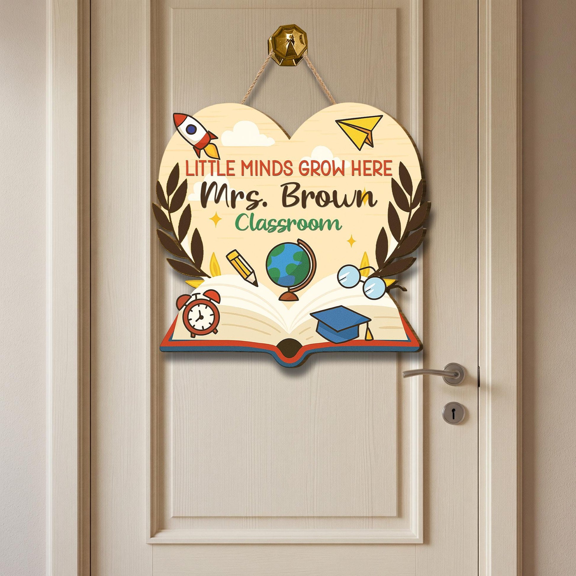 Personalized Teacher Door Sign, Little Minds Grow Here Classroom Decor, Heart-Shaped Back to School Sign, Custom Name Globe Book Gift