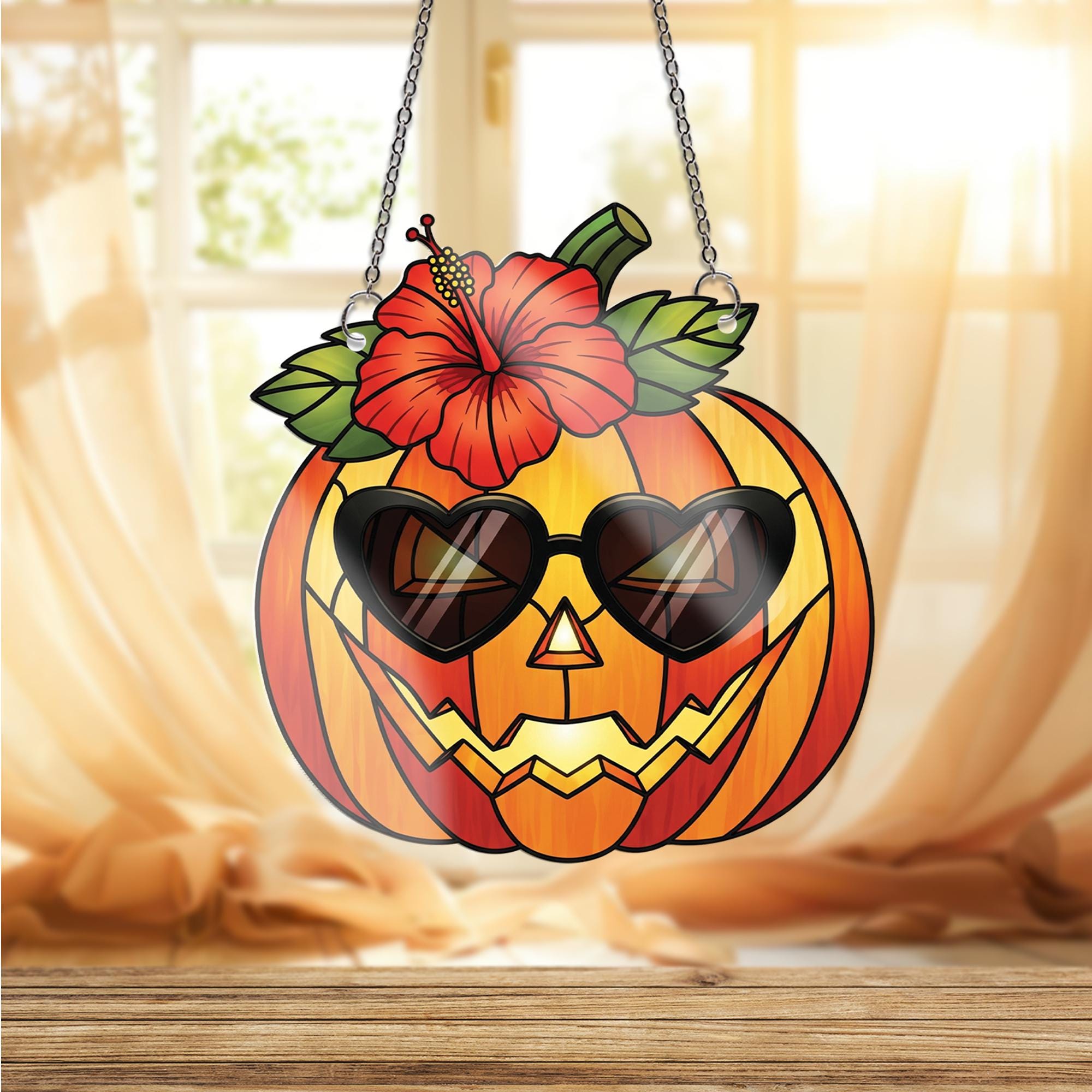Tropical Pumpkin Window Hanging – Faux Stained Glass Suncatcher with Hibiscus and Sunglasses, Summer Halloween Fall Decor