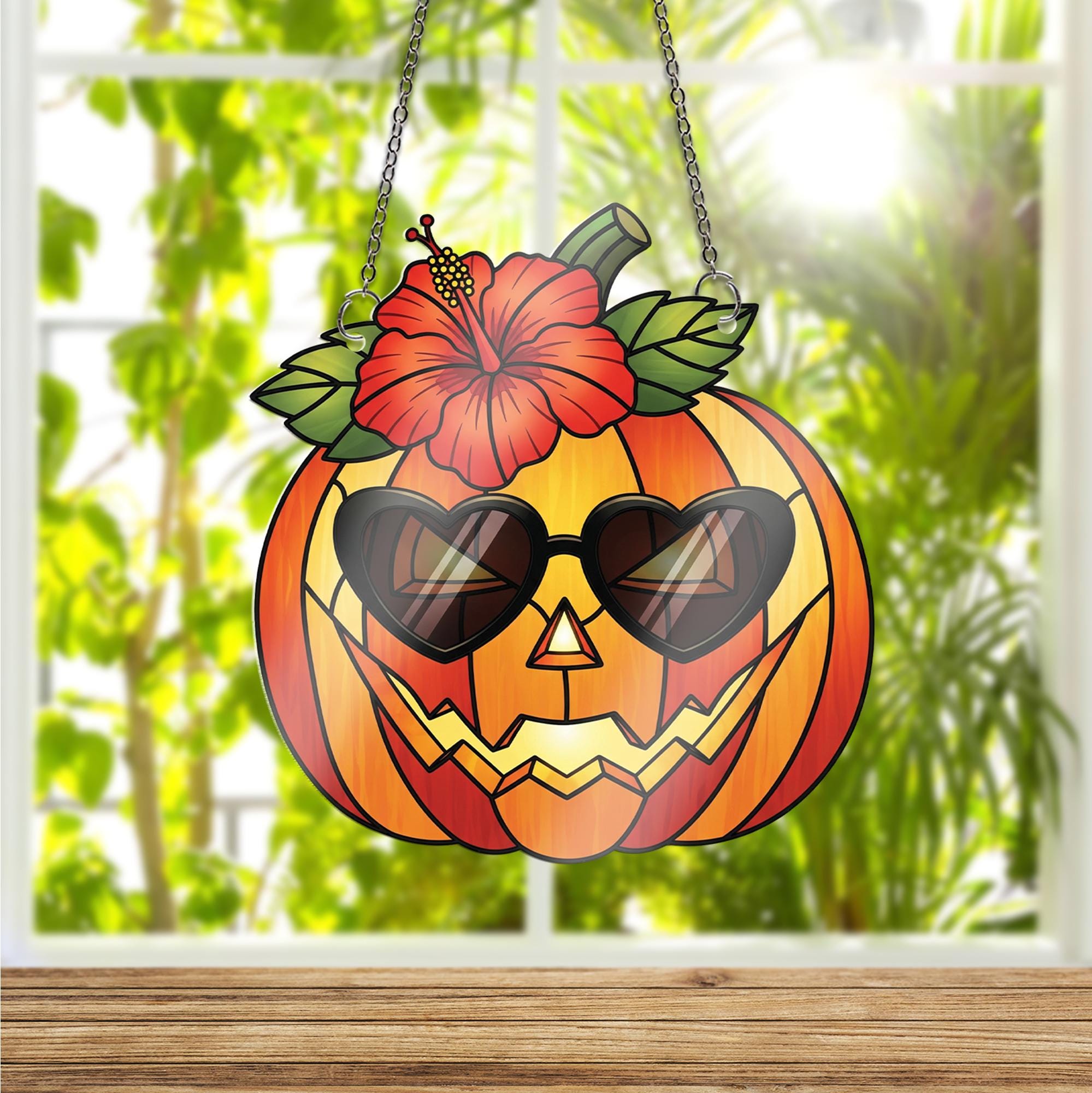 Tropical Pumpkin Window Hanging – Faux Stained Glass Suncatcher with Hibiscus and Sunglasses, Summer Halloween Fall Decor