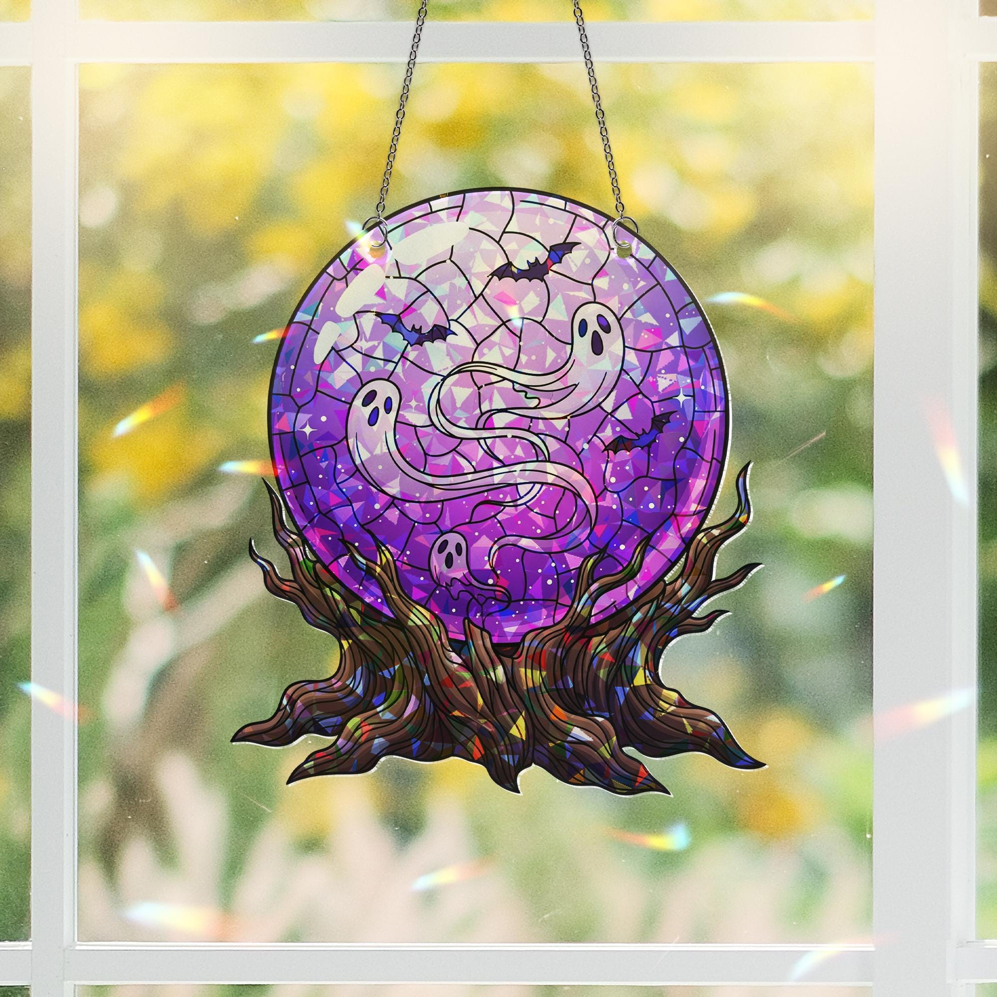 Ghost Crystal Ball Window Hanging – Faux Stained Glass Halloween Suncatcher with Bats and Purple Stars, Spooky Witchy Decor