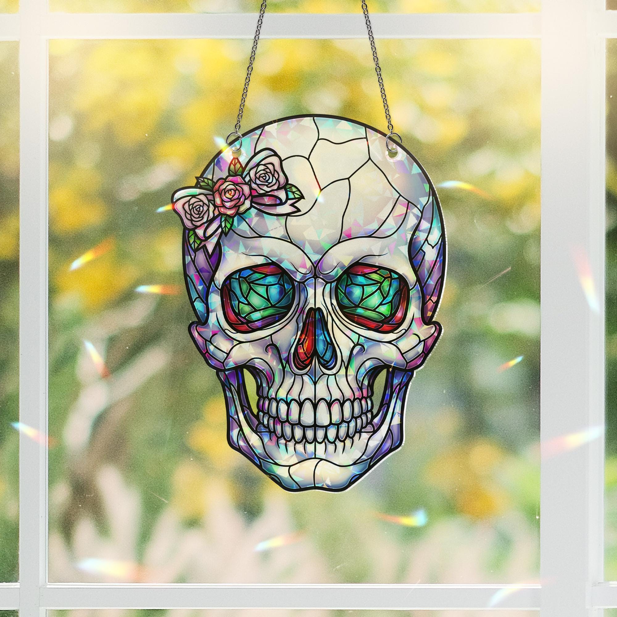 Floral Skull Window Hanging – Faux Stained Glass Gothic Suncatcher with Roses, Holographic Skeleton Art, Halloween Witchy Decor