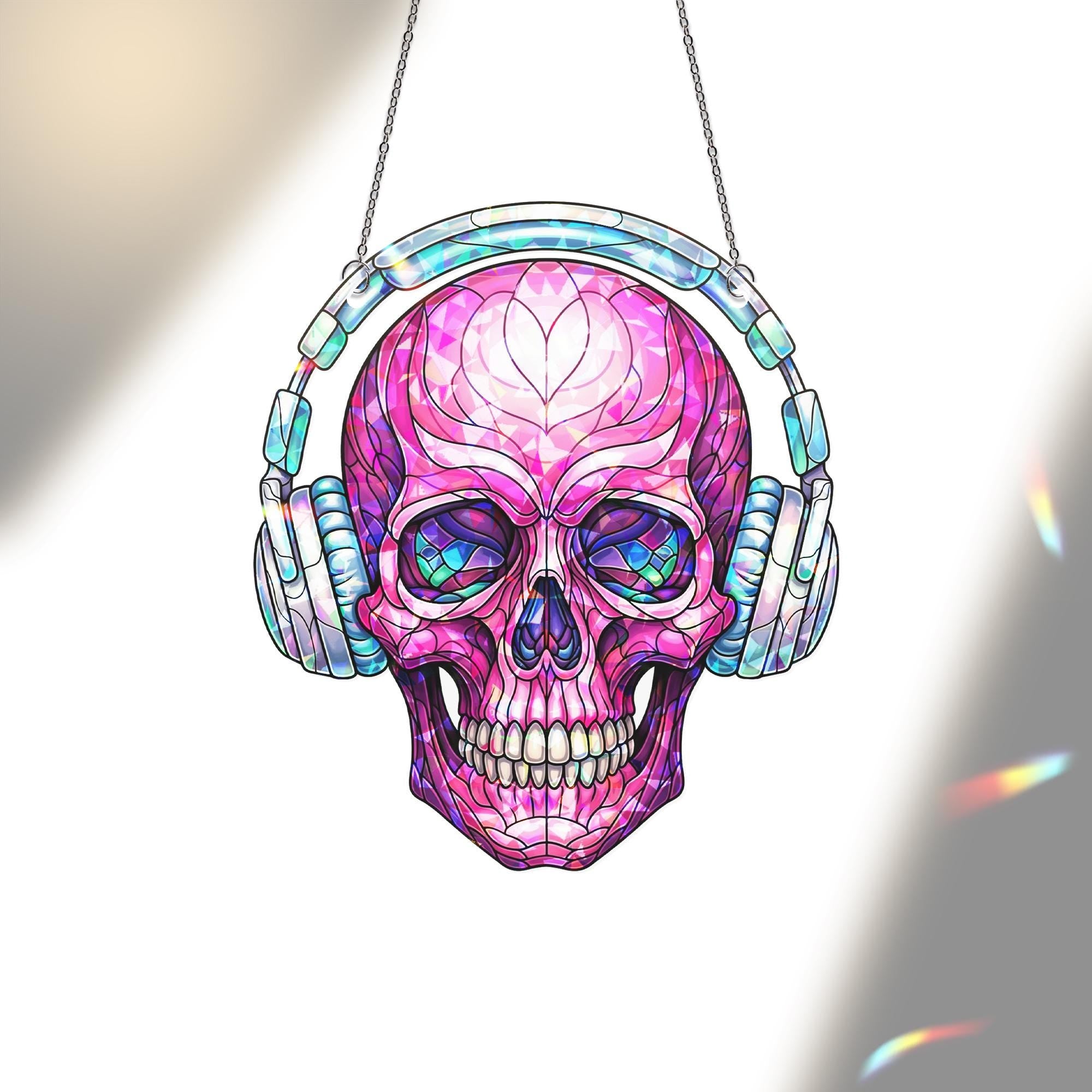 Pink Skull with Headphones Window Hanging – Faux Stained Glass Music Lover Suncatcher, Gothic Decor, Holographic Skull Art Gift