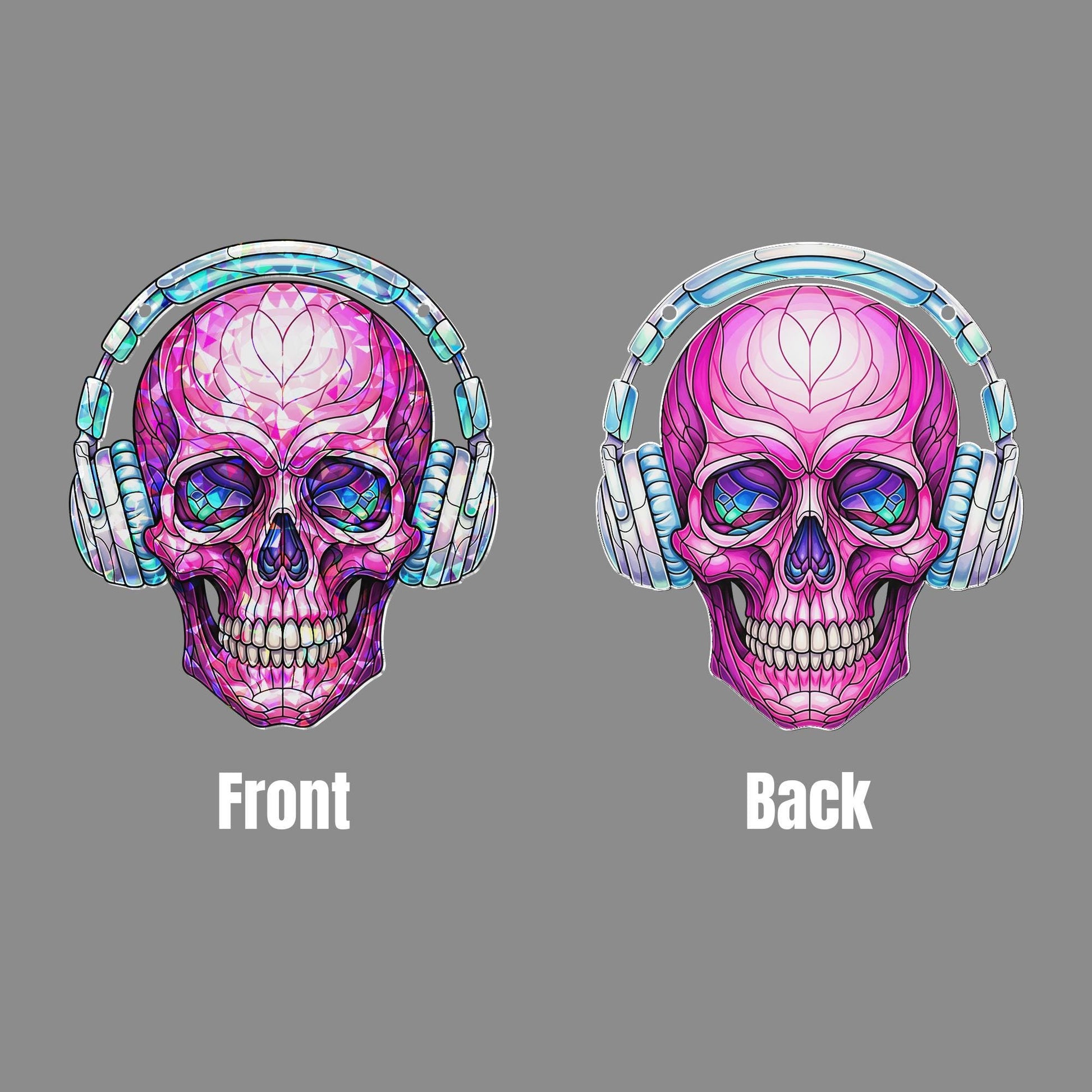 Pink Skull with Headphones Window Hanging – Faux Stained Glass Music Lover Suncatcher, Gothic Decor, Holographic Skull Art Gift