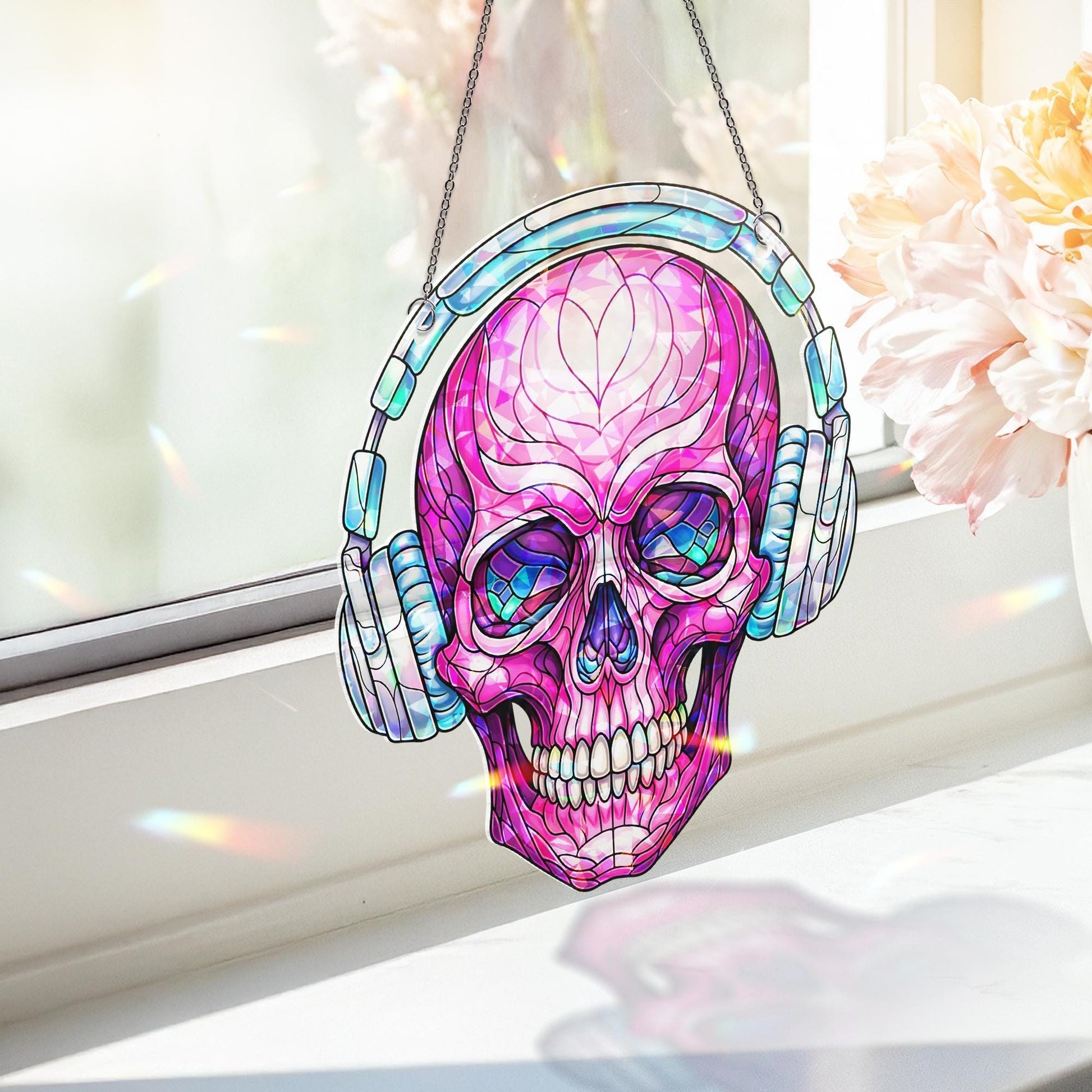 Pink Skull with Headphones Window Hanging – Faux Stained Glass Music Lover Suncatcher, Gothic Decor, Holographic Skull Art Gift