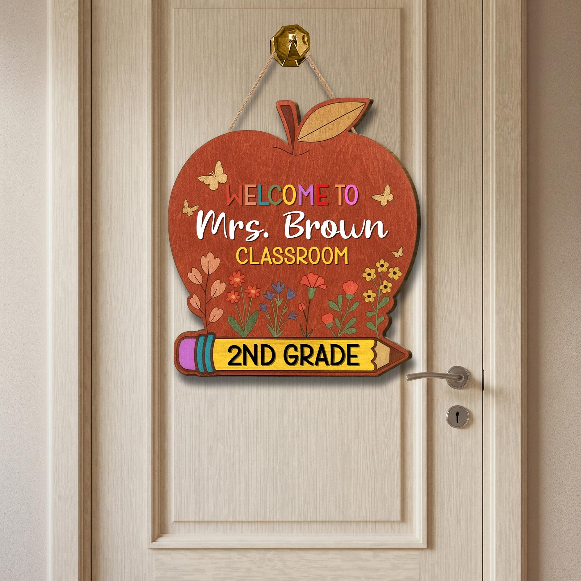 Personalized 2nd Grade Teacher Door Sign, Apple Classroom Welcome Sign, Custom Name Back to School Decor for Teachers, Educators, Staffs