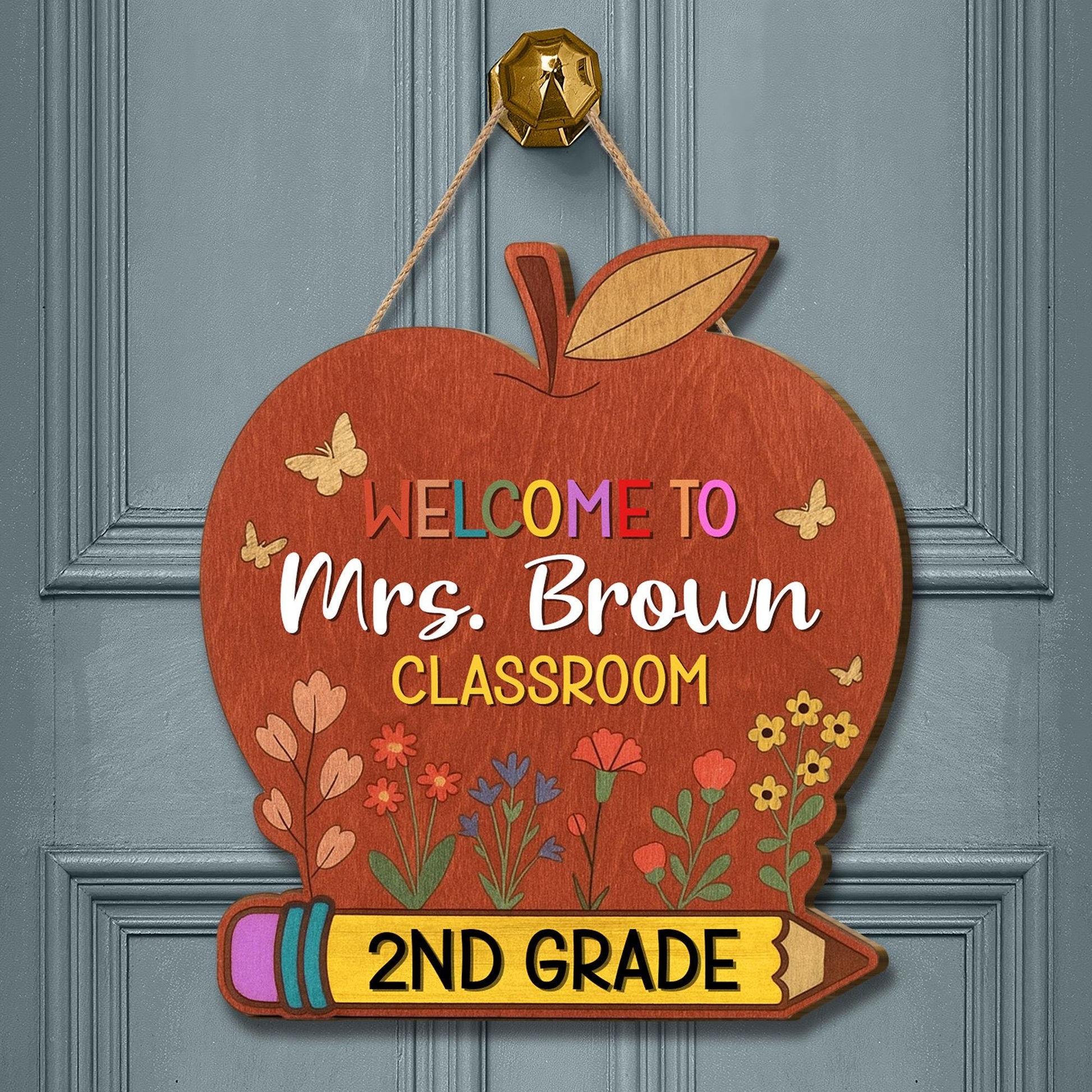 Personalized 2nd Grade Teacher Door Sign, Apple Classroom Welcome Sign, Custom Name Back to School Decor for Teachers, Educators, Staffs