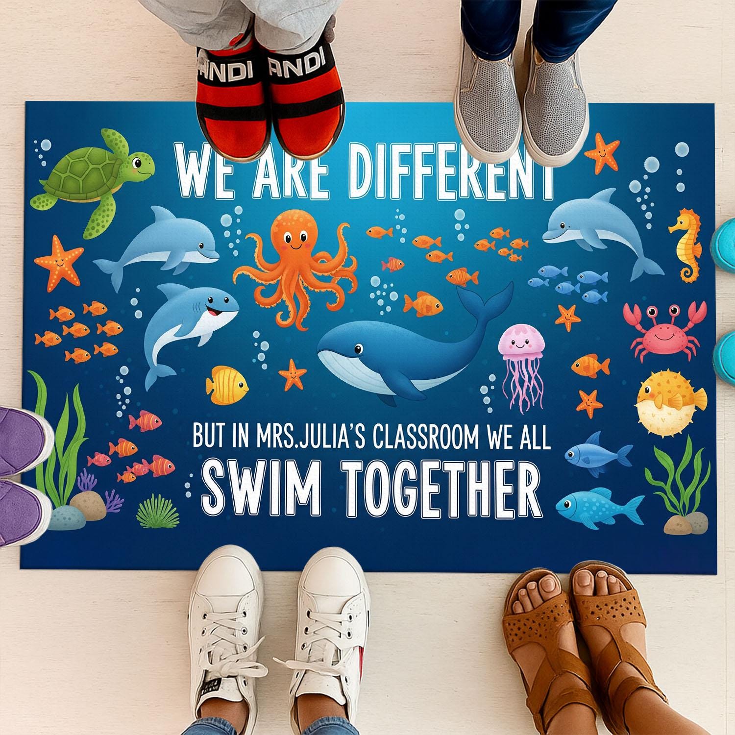 Different Bit In This Classroom We Swim Together Classroom Doormat, Ocean Rug, Teacher Welcome Mat, Sea Animal Diversity Rug, Teacher Gift