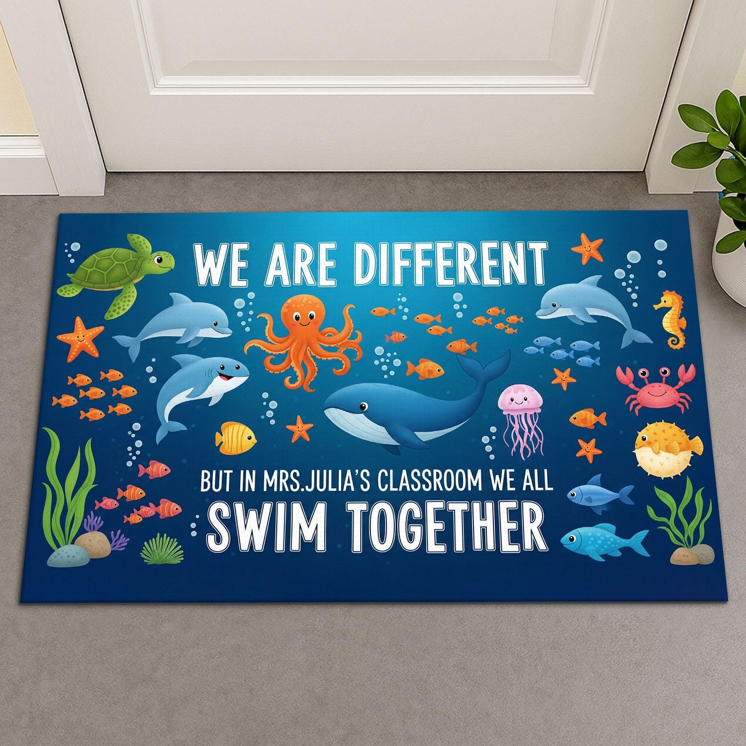 Different Bit In This Classroom We Swim Together Classroom Doormat, Ocean Rug, Teacher Welcome Mat, Sea Animal Diversity Rug, Teacher Gift