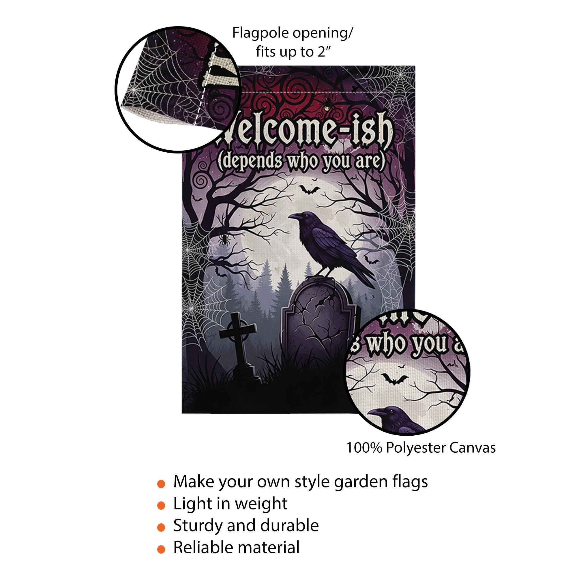 Welcome-ish Halloween Garden Flag – Funny Gothic Yard Sign with Raven and Tombstone, Spooky Outdoor Decor for Haunted Homes