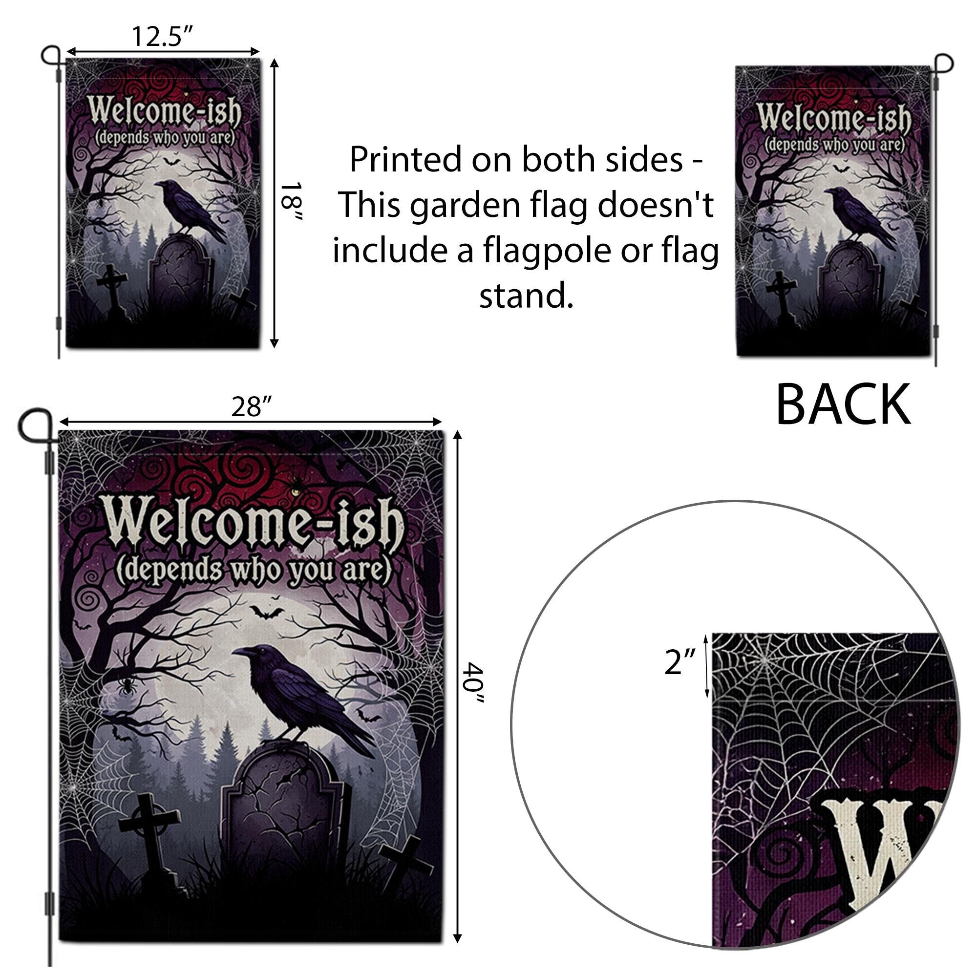 Welcome-ish Halloween Garden Flag – Funny Gothic Yard Sign with Raven and Tombstone, Spooky Outdoor Decor for Haunted Homes
