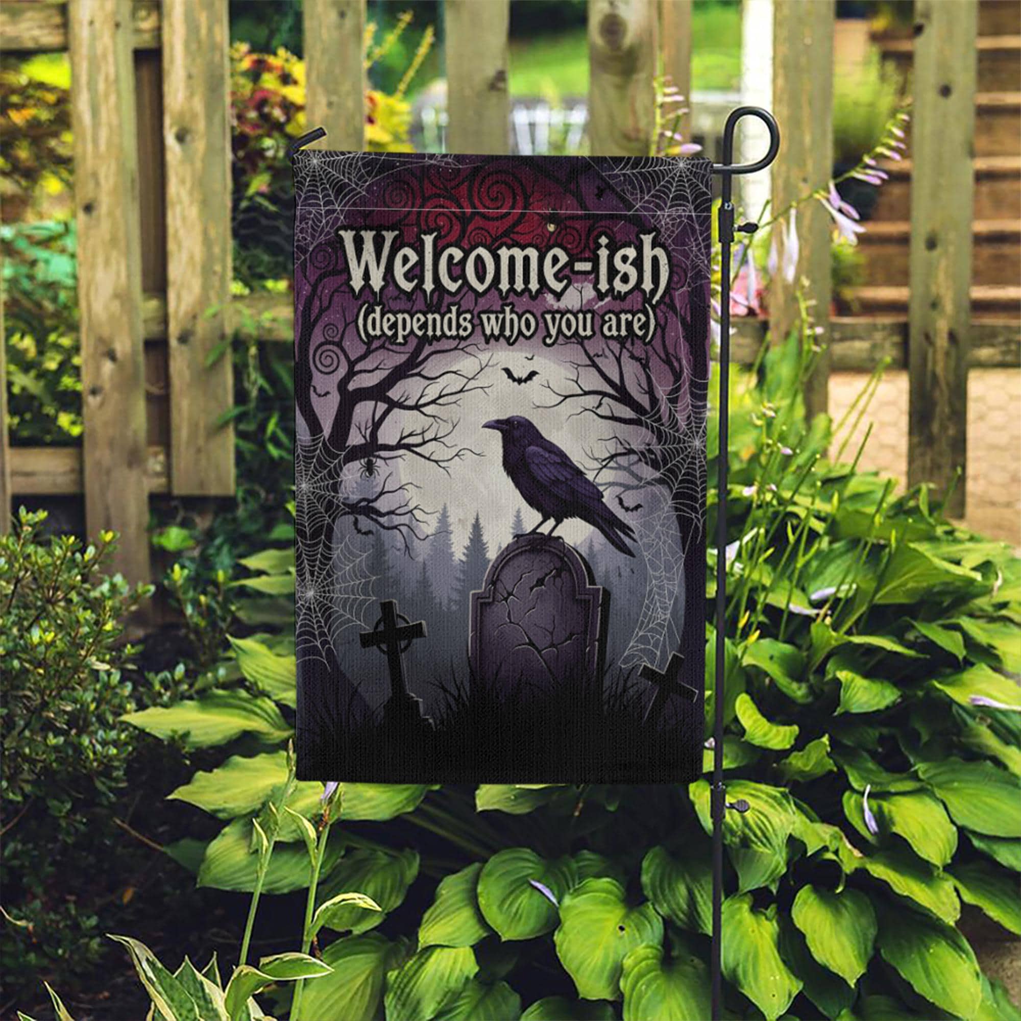 Welcome-ish Halloween Garden Flag – Funny Gothic Yard Sign with Raven and Tombstone, Spooky Outdoor Decor for Haunted Homes