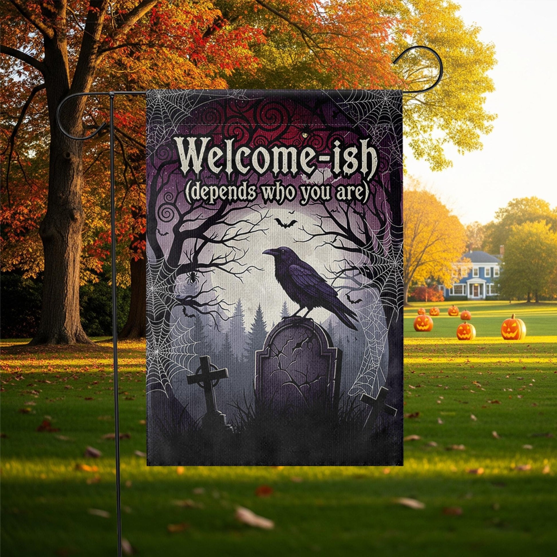 Welcome-ish Halloween Garden Flag – Funny Gothic Yard Sign with Raven and Tombstone, Spooky Outdoor Decor for Haunted Homes