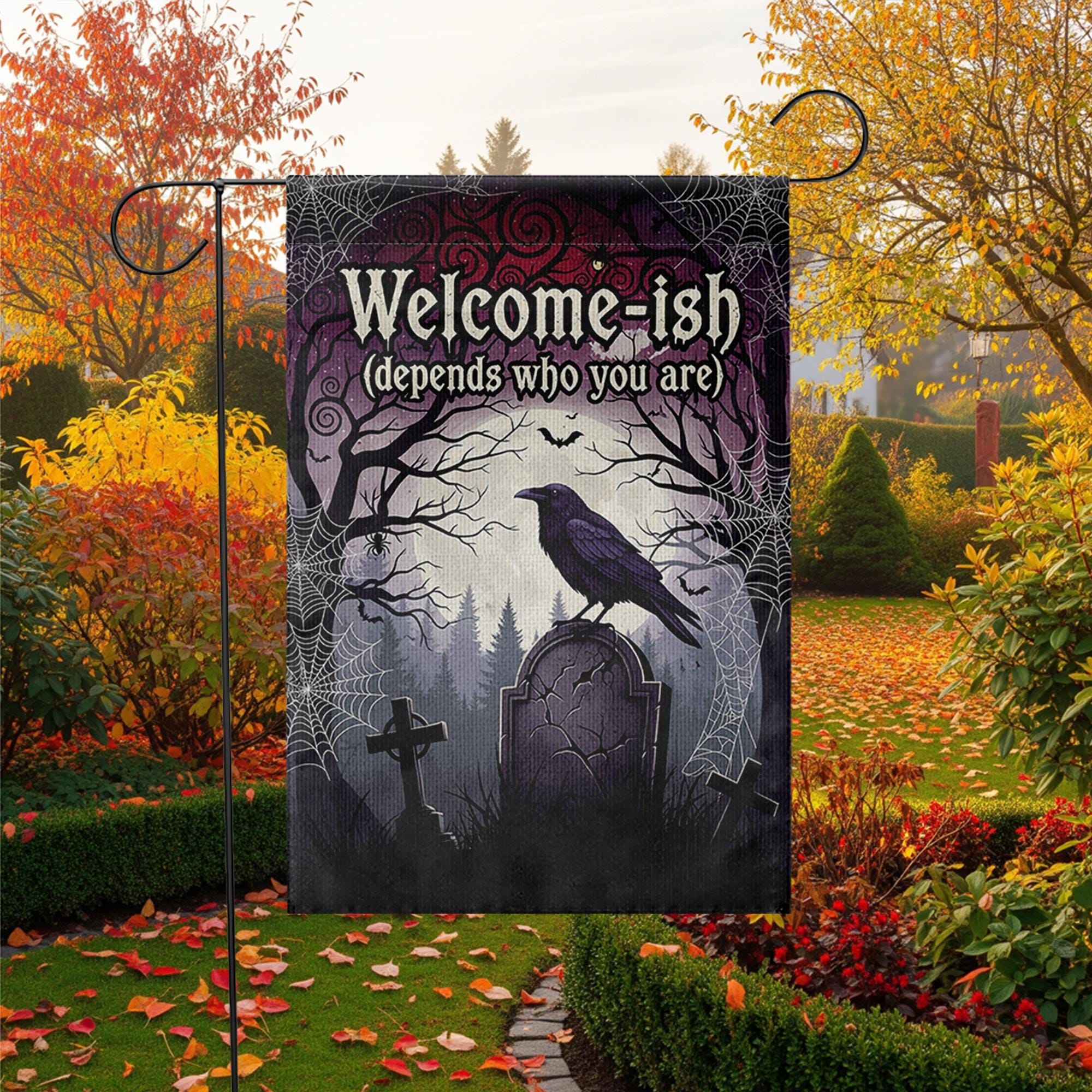 Welcome-ish Halloween Garden Flag – Funny Gothic Yard Sign with Raven and Tombstone, Spooky Outdoor Decor for Haunted Homes