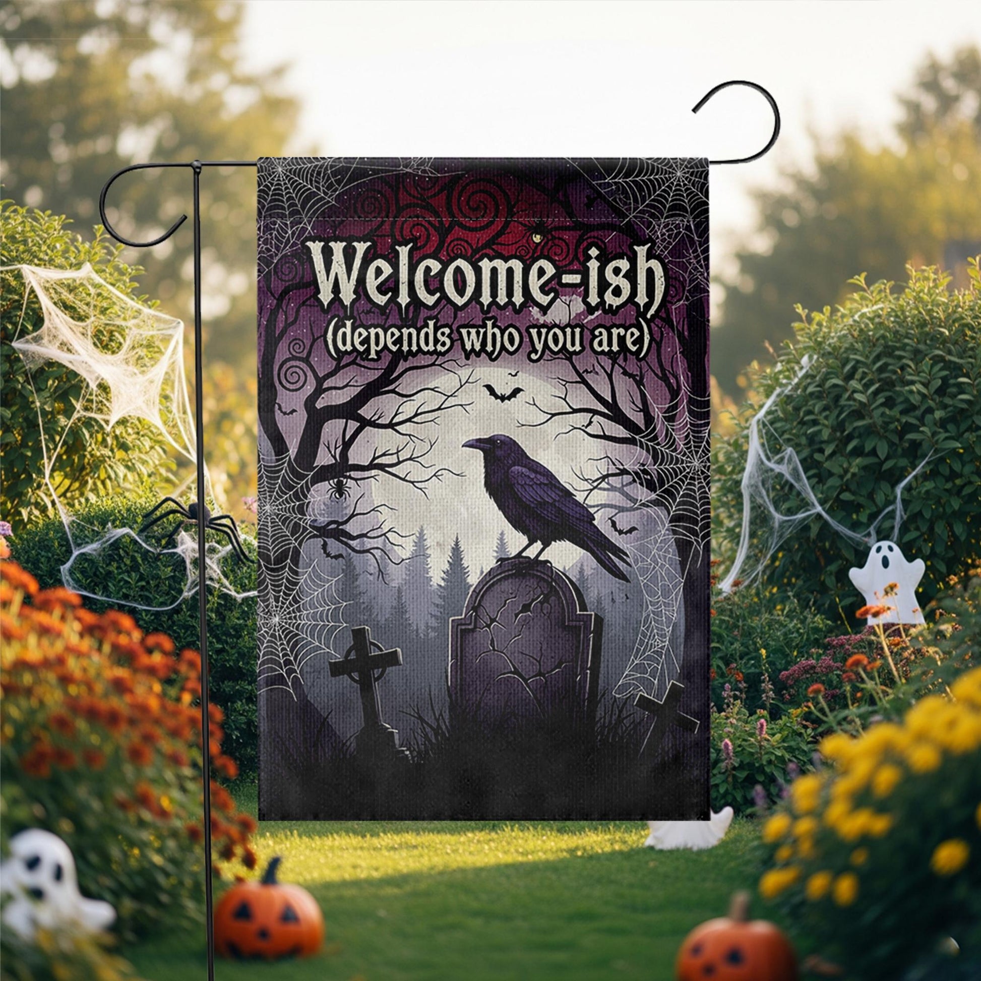 Welcome-ish Halloween Garden Flag – Funny Gothic Yard Sign with Raven and Tombstone, Spooky Outdoor Decor for Haunted Homes