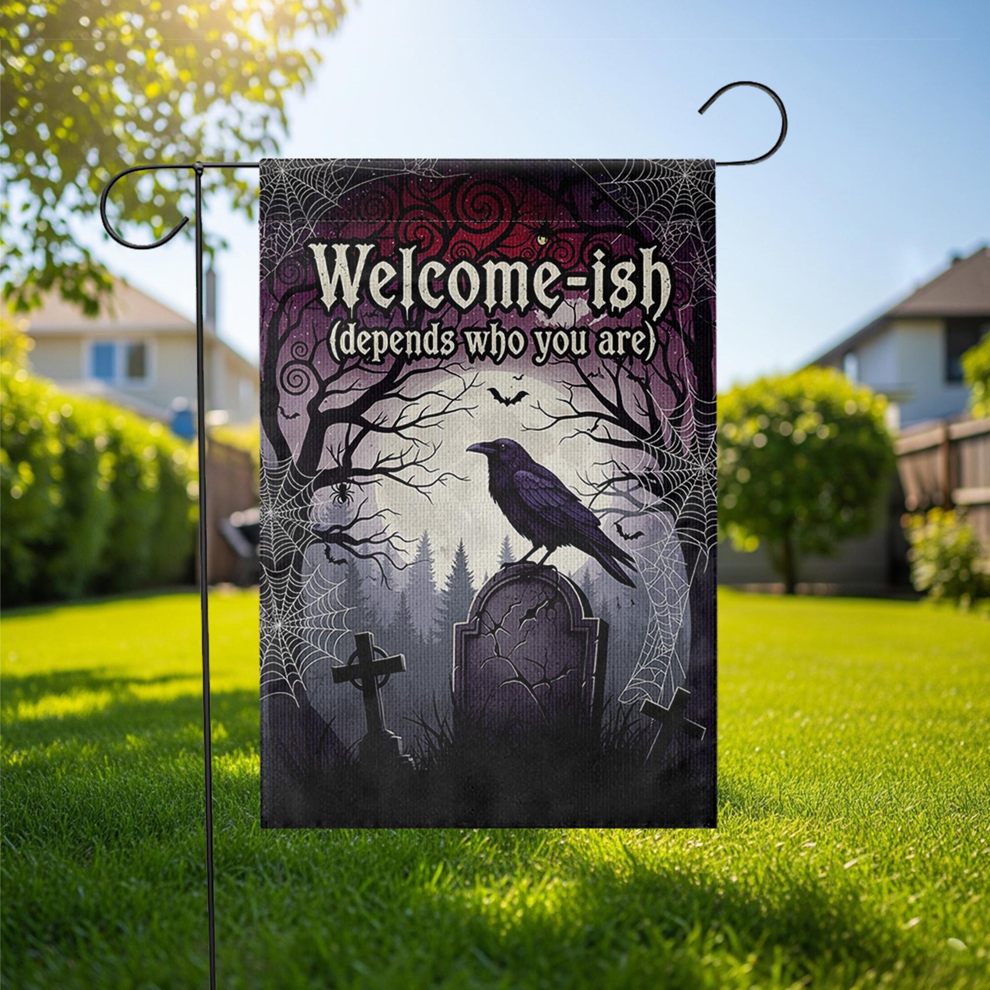 Welcome-ish Halloween Garden Flag – Funny Gothic Yard Sign with Raven and Tombstone, Spooky Outdoor Decor for Haunted Homes