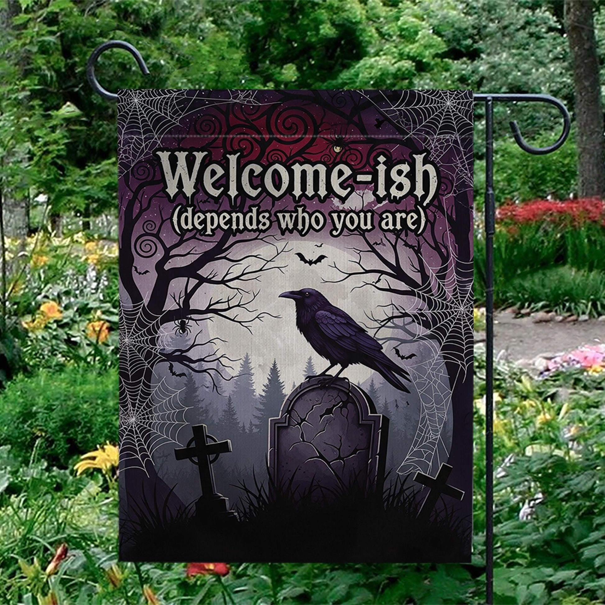 Welcome-ish Halloween Garden Flag – Funny Gothic Yard Sign with Raven and Tombstone, Spooky Outdoor Decor for Haunted Homes