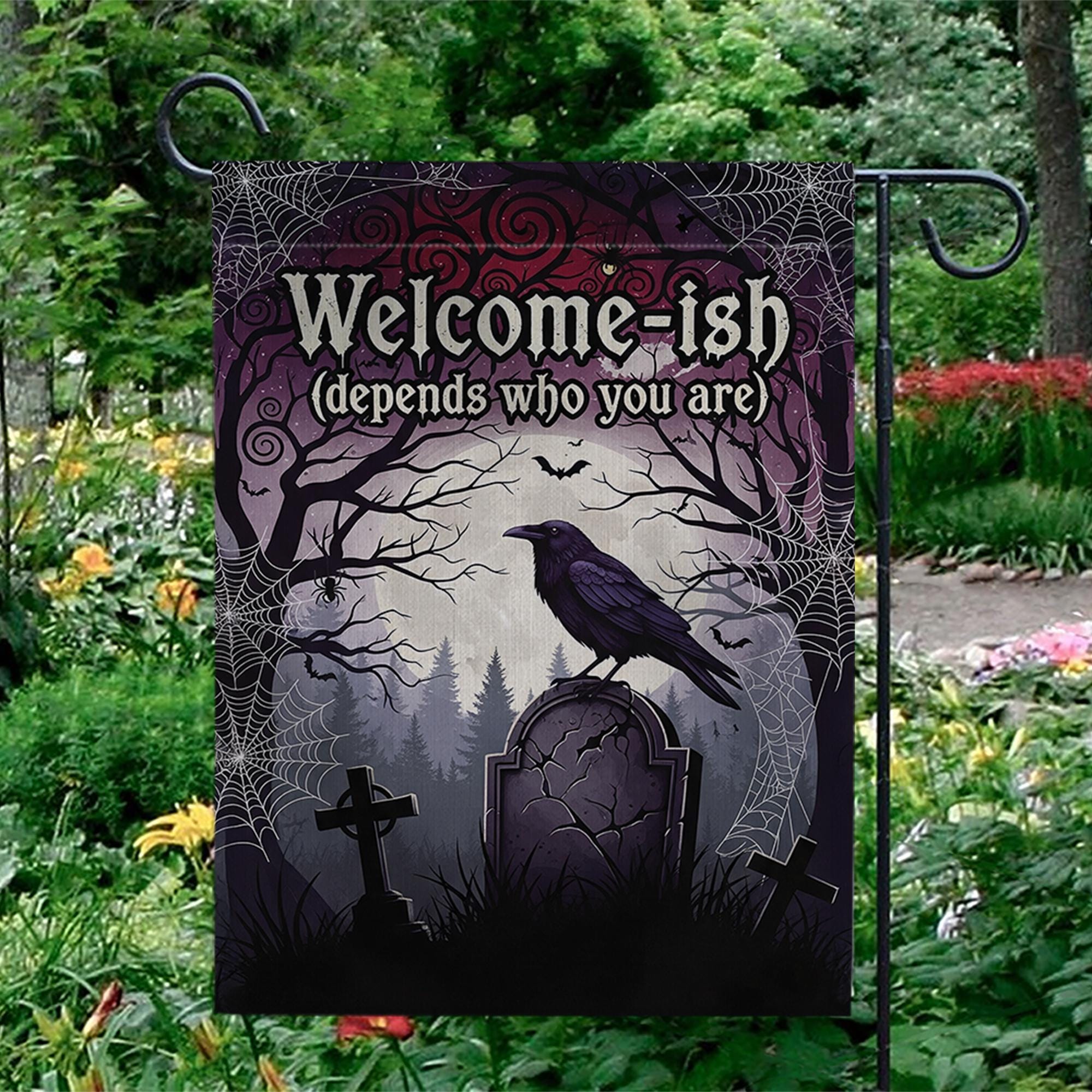Welcome-ish Halloween Garden Flag – Funny Gothic Yard Sign with Raven and Tombstone, Spooky Outdoor Decor for Haunted Homes