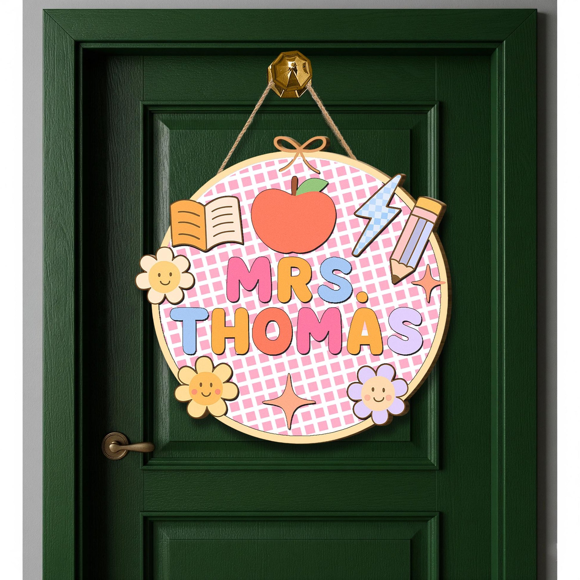 Personalized Teacher Door Sign, Cute Round Classroom Decor with Flowers, Apple, Pencil, Back to School Gift, Teacher Door Sign, School Decor