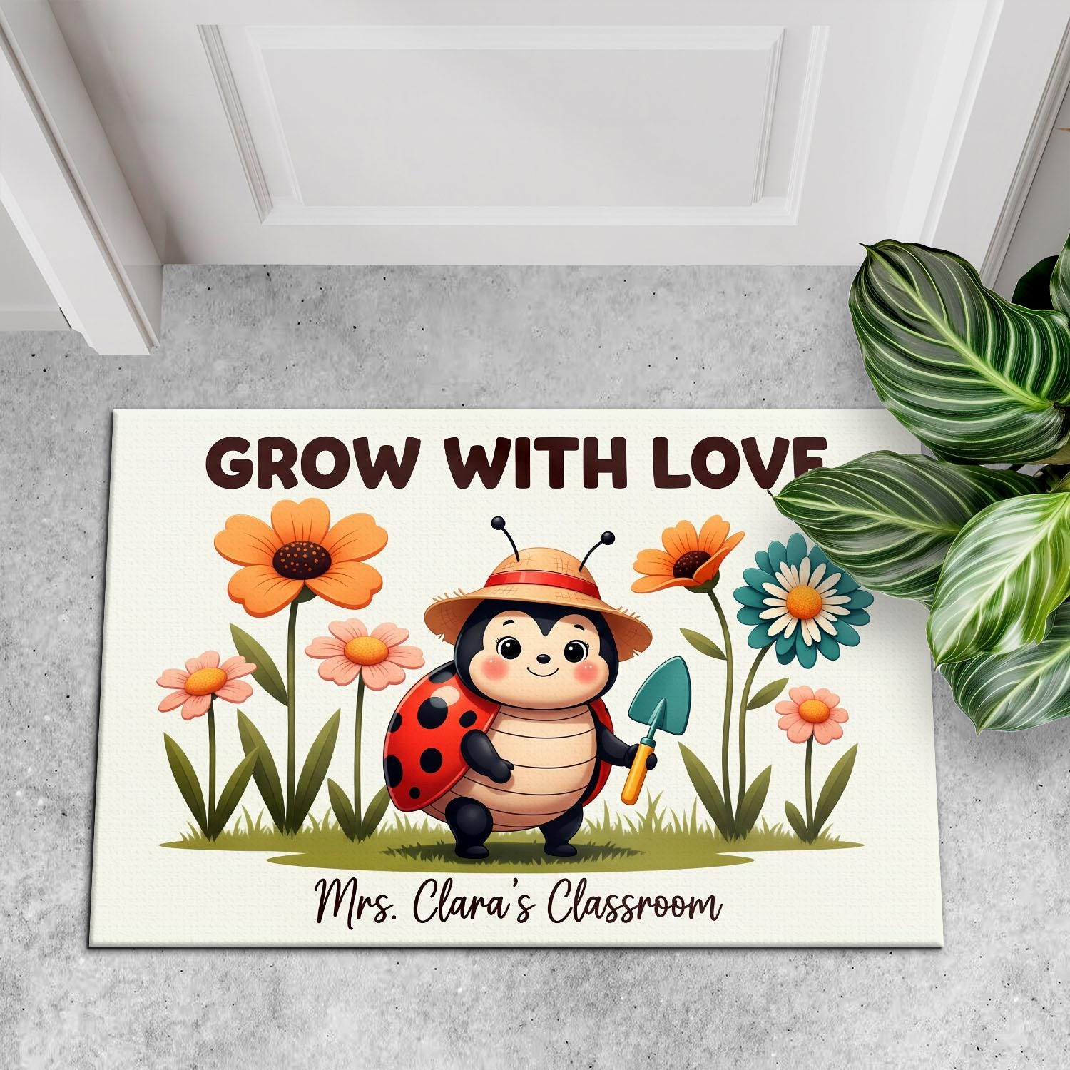 Grow With Love Classroom Doormat, Cute Ladybug Teacher Rug, Personalized School Mat, Flower Garden Door Decor, Teacher Gift Idea