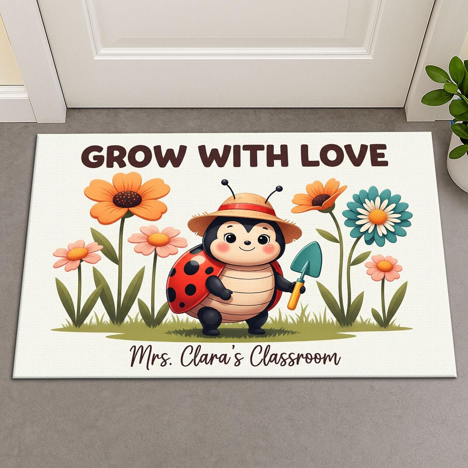 Grow With Love Classroom Doormat, Cute Ladybug Teacher Rug, Personalized School Mat, Flower Garden Door Decor, Teacher Gift Idea