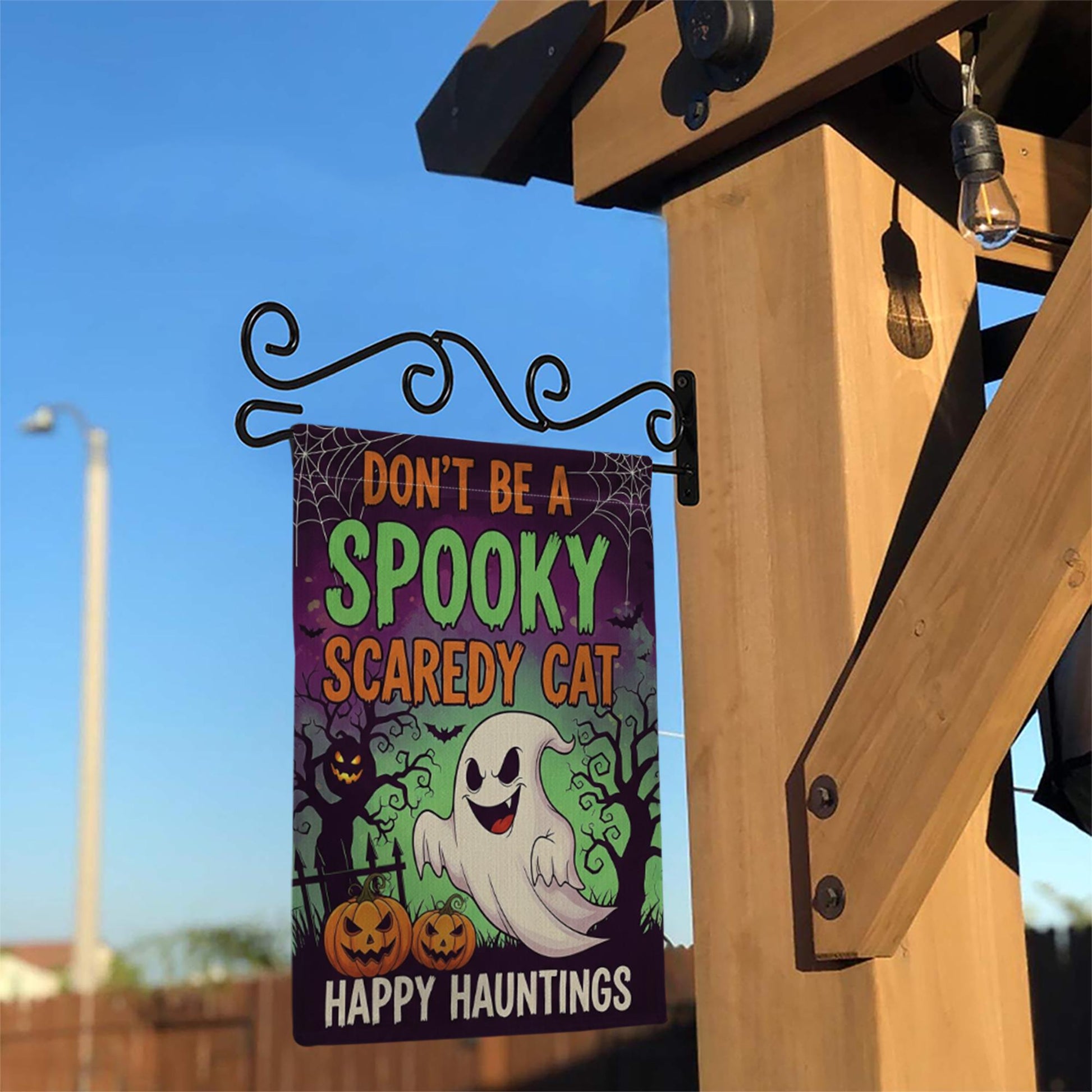 Don't Be a Spooky Scaredy Cat Garden Flag – Funny Halloween Ghost Yard Decor, Trick or Treat Outdoor Sign, Happy Hauntings Banner