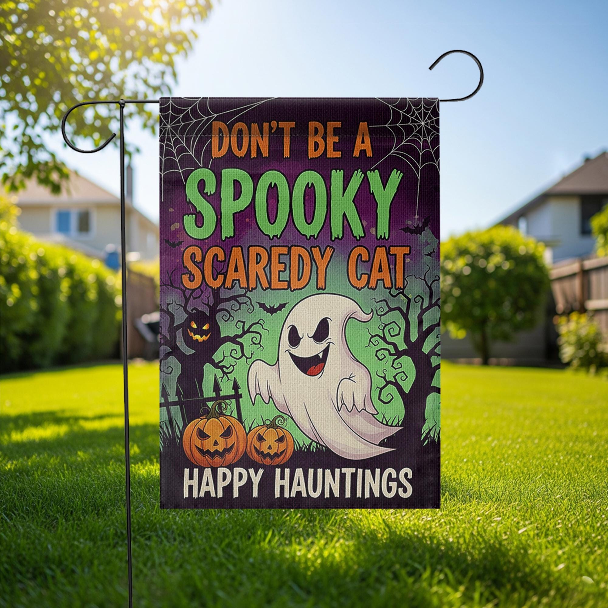 Don't Be a Spooky Scaredy Cat Garden Flag – Funny Halloween Ghost Yard Decor, Trick or Treat Outdoor Sign, Happy Hauntings Banner