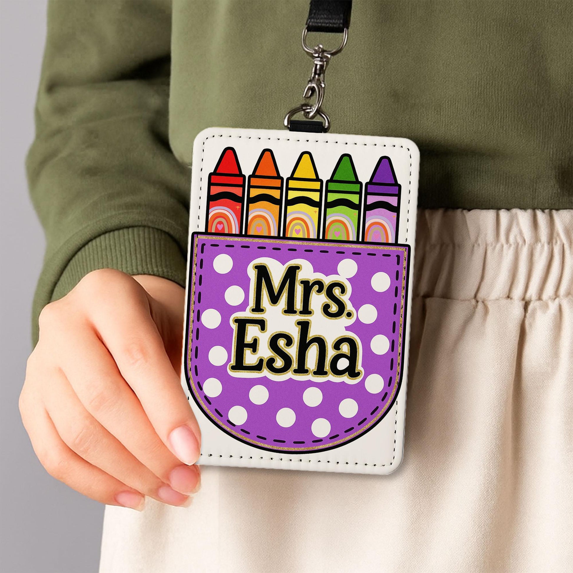 Personalized Teacher Badge Holder, Crayon Leather ID Tag, Custom Name Lanyard, Back to School Gift, Cute Classroom Accessory