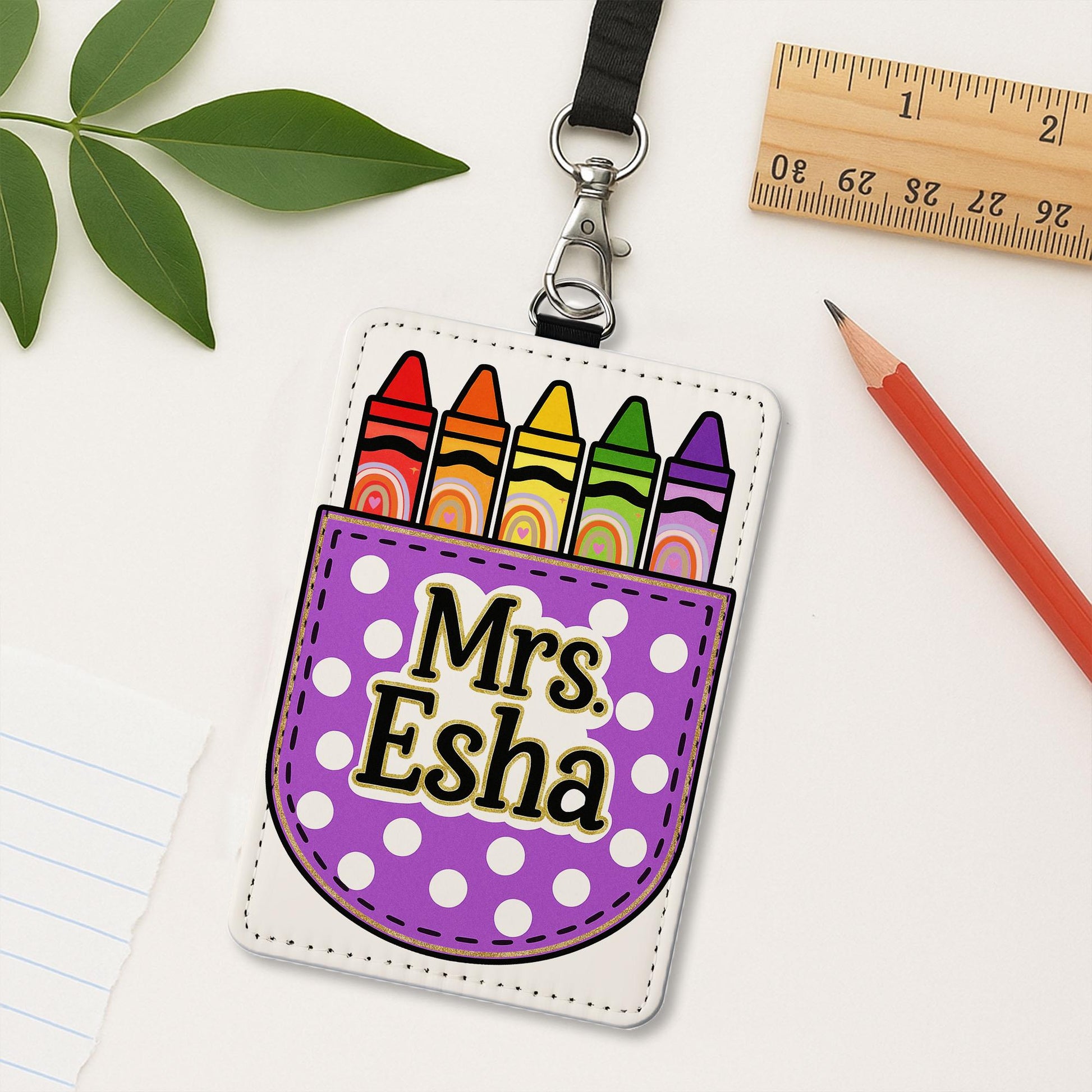 Personalized Teacher Badge Holder, Crayon Leather ID Tag, Custom Name Lanyard, Back to School Gift, Cute Classroom Accessory
