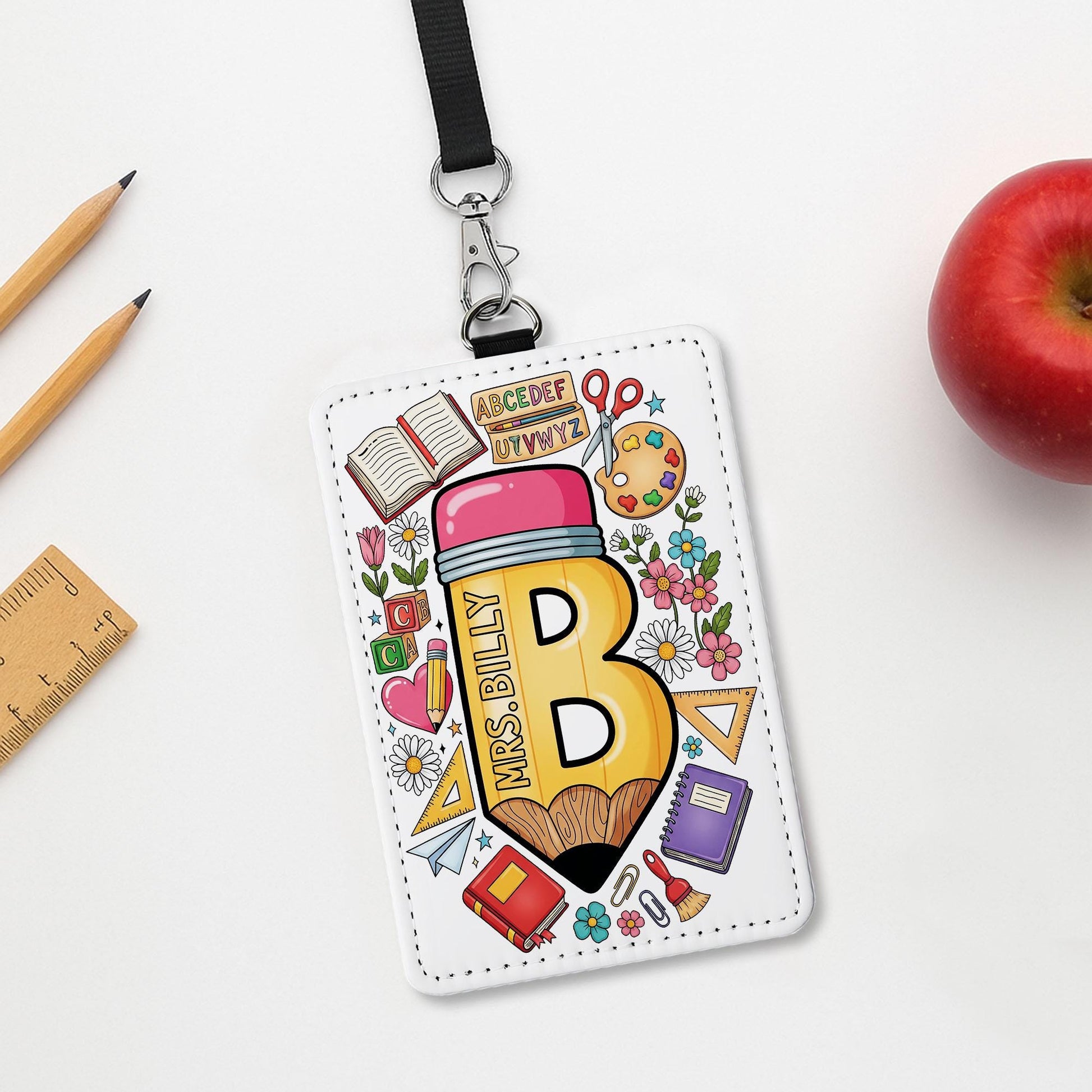 Personalized Teacher Badge Holder, Pencil Leather ID Tag, Custom School Lanyard, Cute Classroom Accessory, Back to School Gift