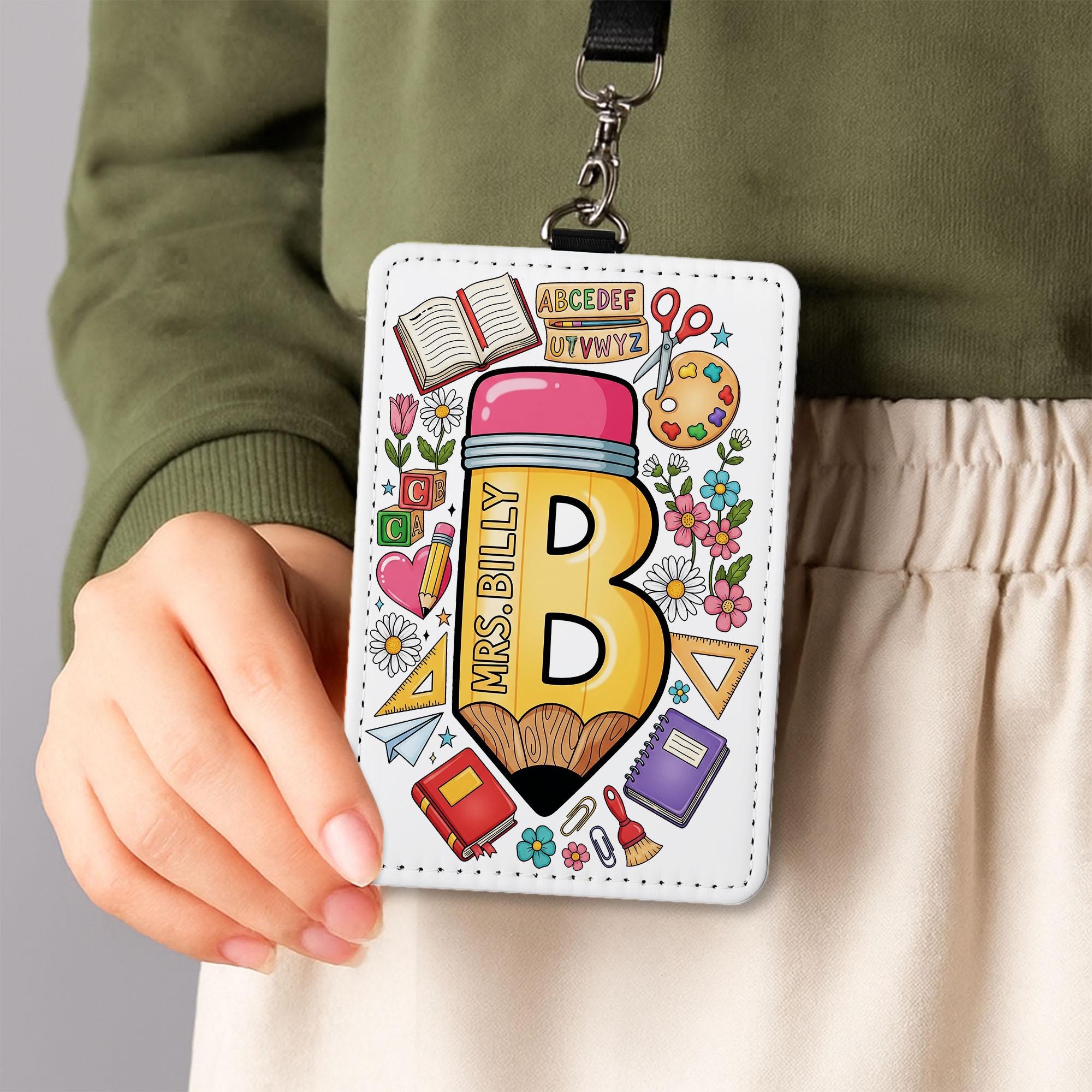 Personalized Teacher Badge Holder, Pencil Leather ID Tag, Custom School Lanyard, Cute Classroom Accessory, Back to School Gift