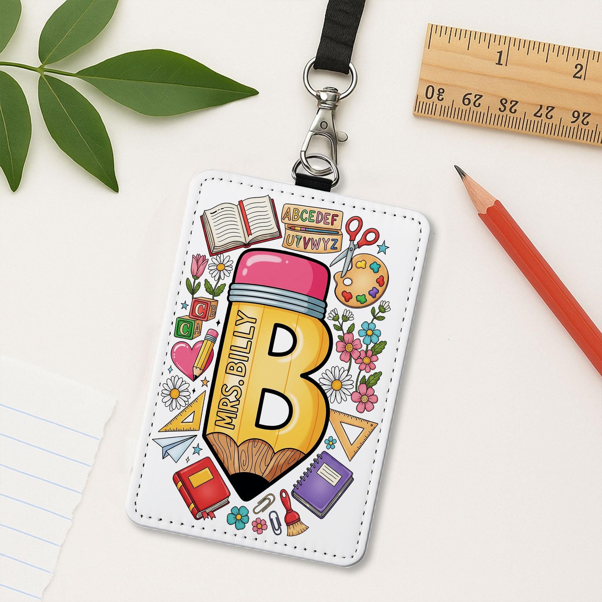 Personalized Teacher Badge Holder, Pencil Leather ID Tag, Custom School Lanyard, Cute Classroom Accessory, Back to School Gift