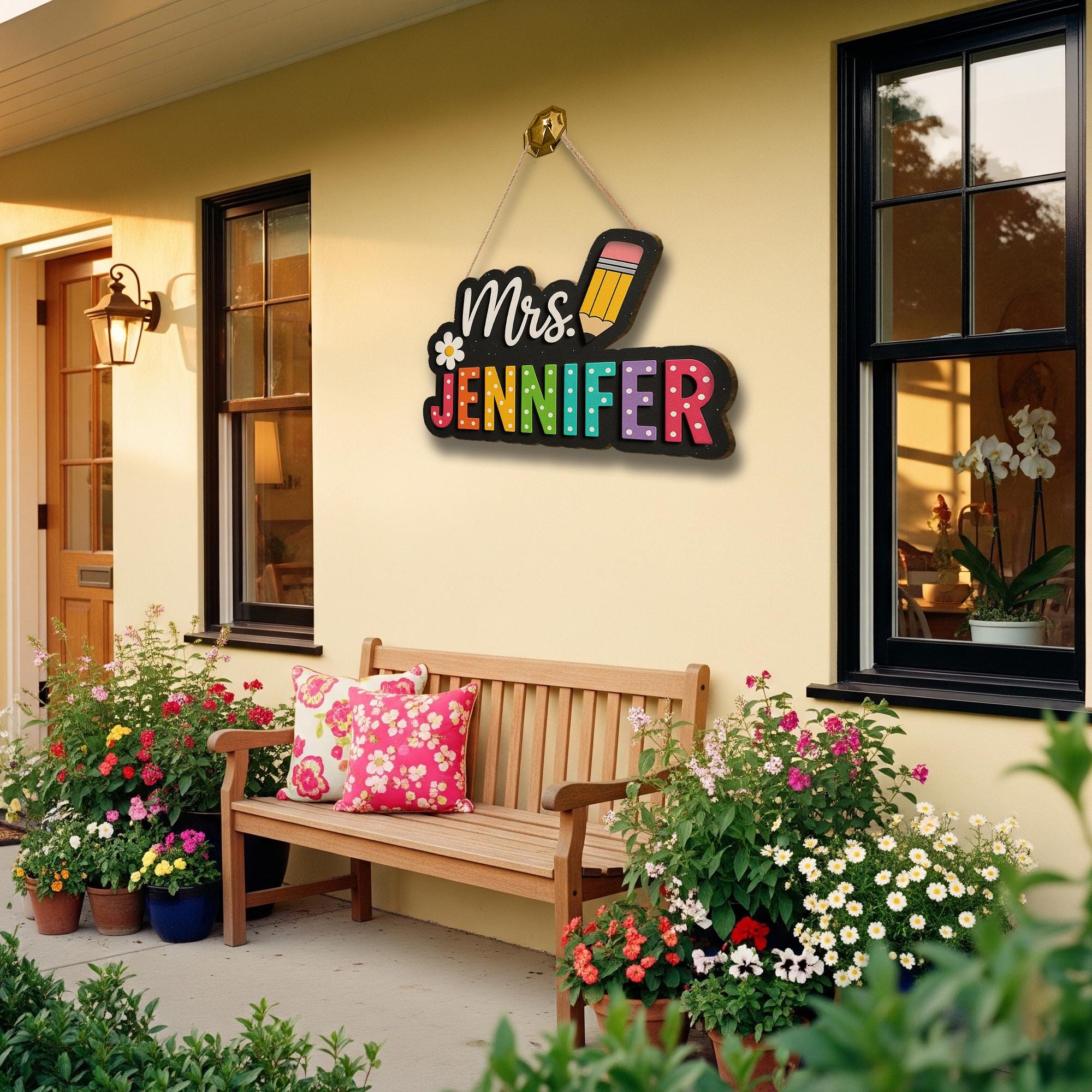 Personalized Teacher Door Sign, 3D Wooden Classroom Name Plaque, Rainbow Pencil Design, Back to School Decor for Teachers