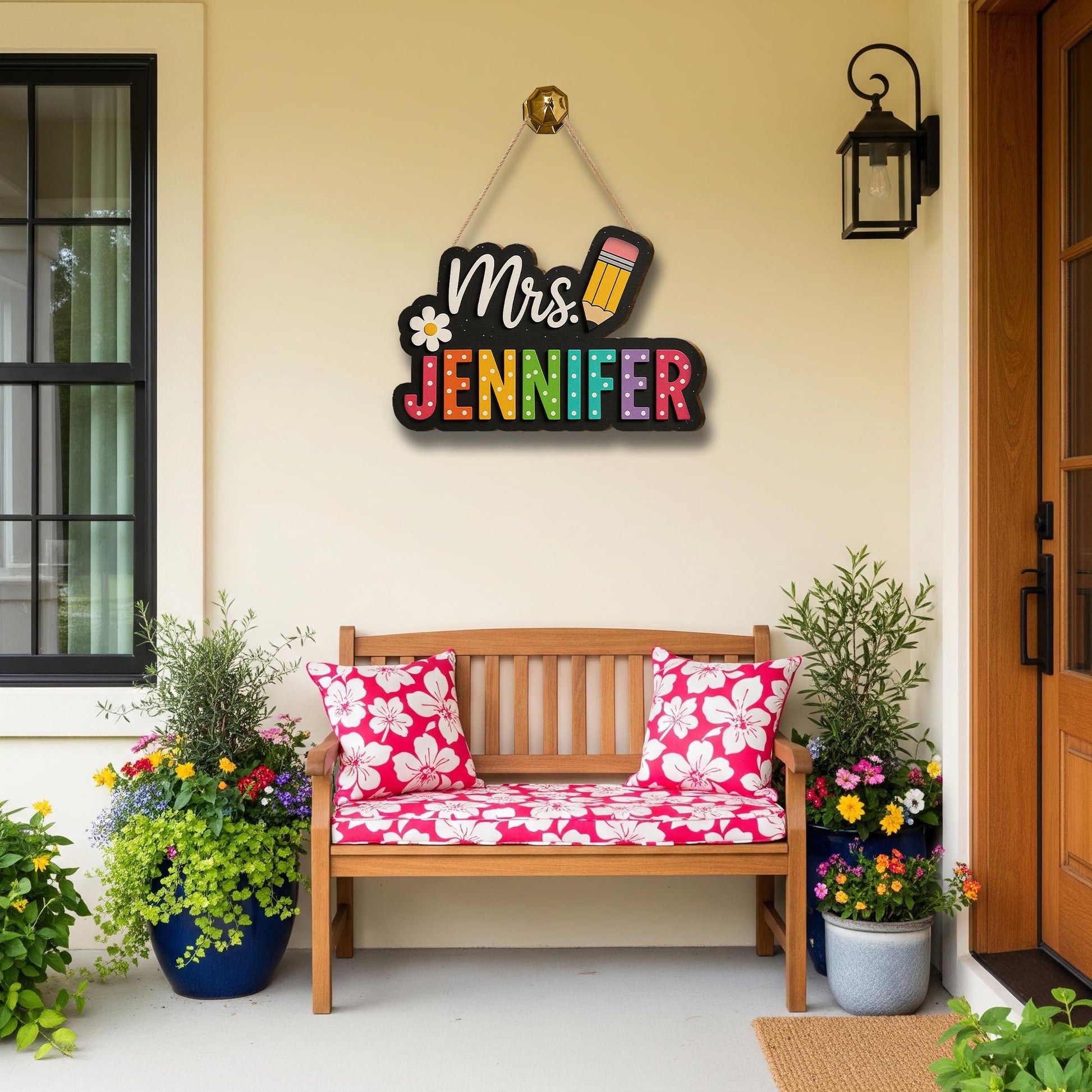 Personalized Teacher Door Sign, 3D Wooden Classroom Name Plaque, Rainbow Pencil Design, Back to School Decor for Teachers