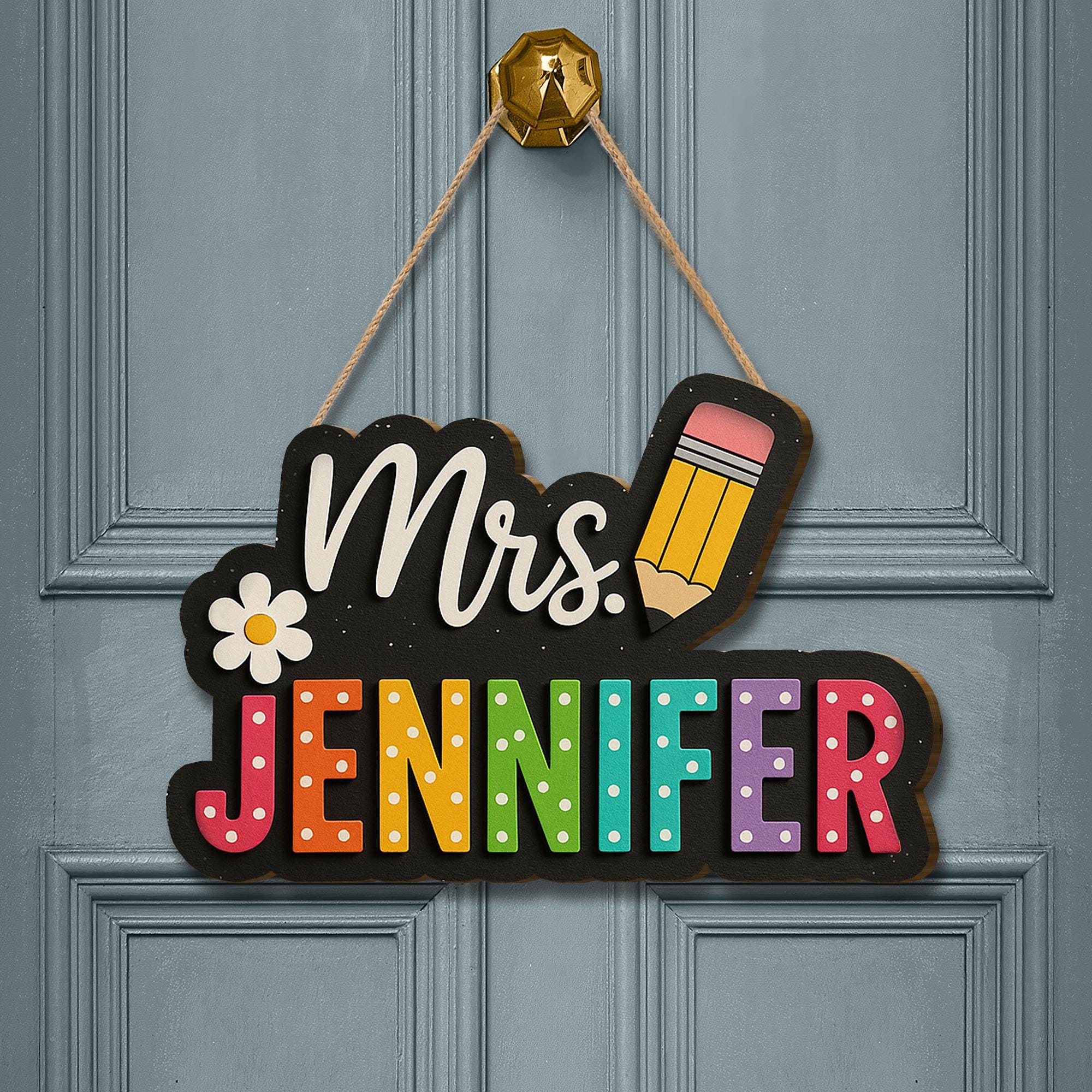 Personalized Teacher Door Sign, 3D Wooden Classroom Name Plaque, Rainbow Pencil Design, Back to School Decor for Teachers