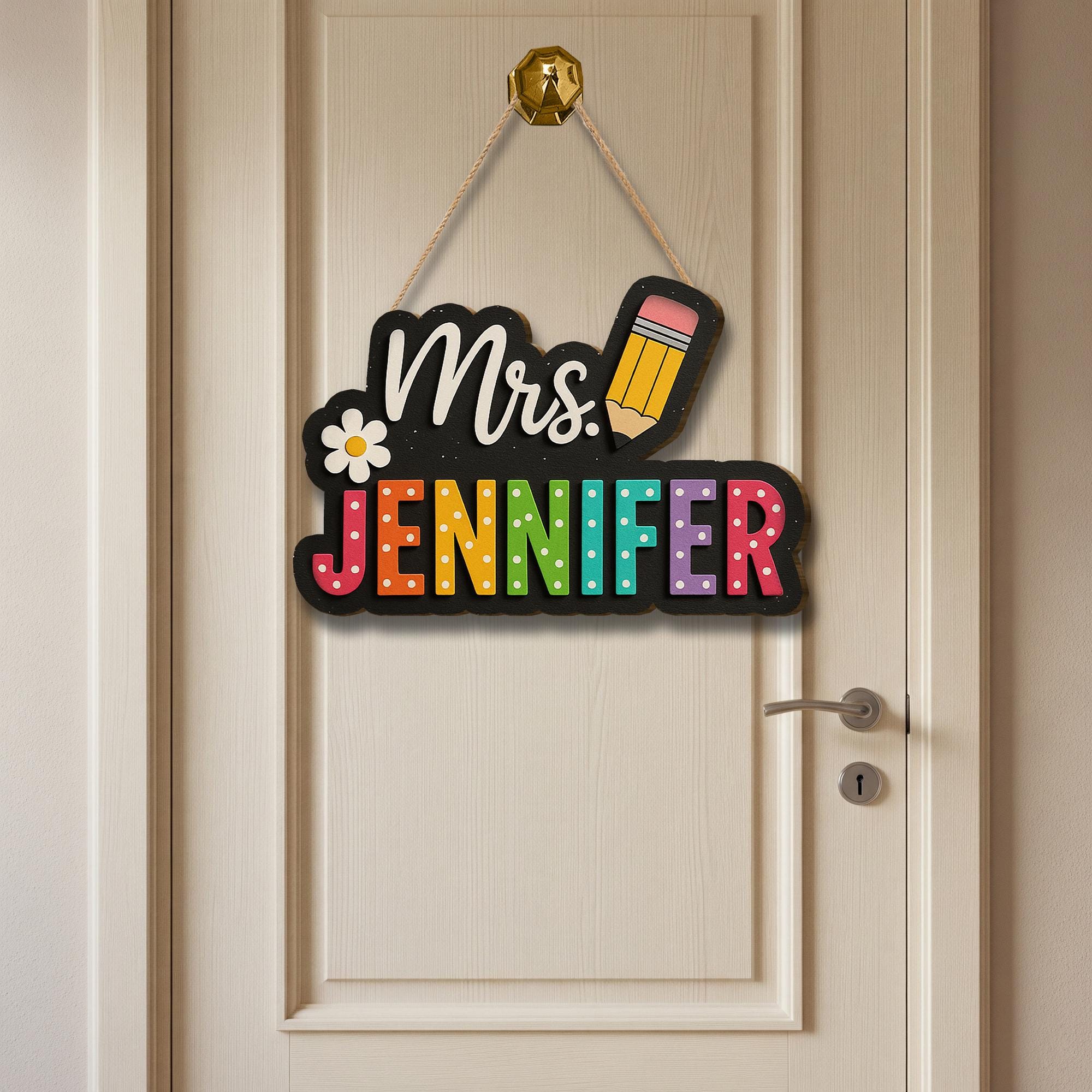 Personalized Teacher Door Sign, 3D Wooden Classroom Name Plaque, Rainbow Pencil Design, Back to School Decor for Teachers