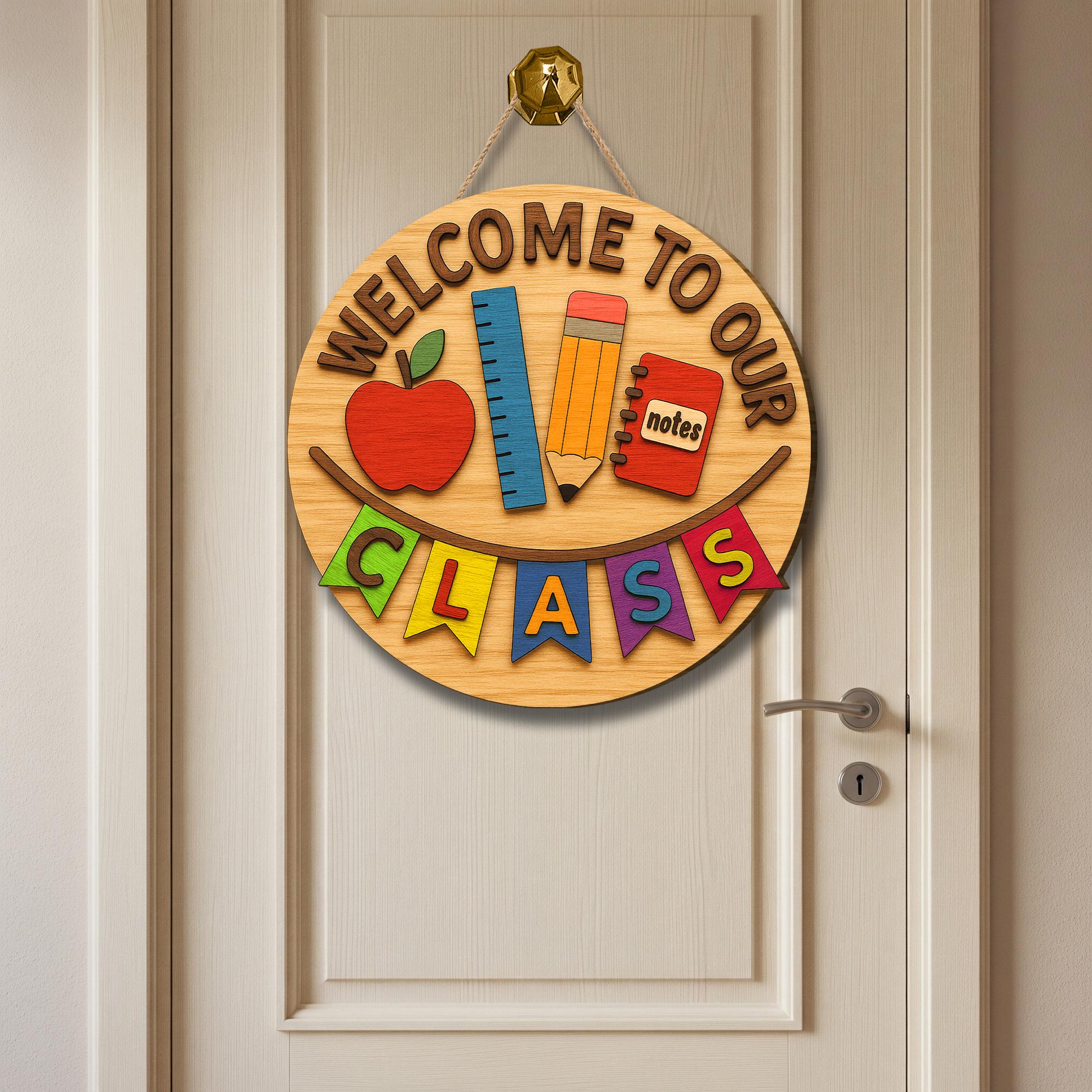 Welcome to Our Class Door Sign, Classroom Decor with Apple Pencil Ruler Design, Back to School Teacher Gift, School Decor, Educators Gift