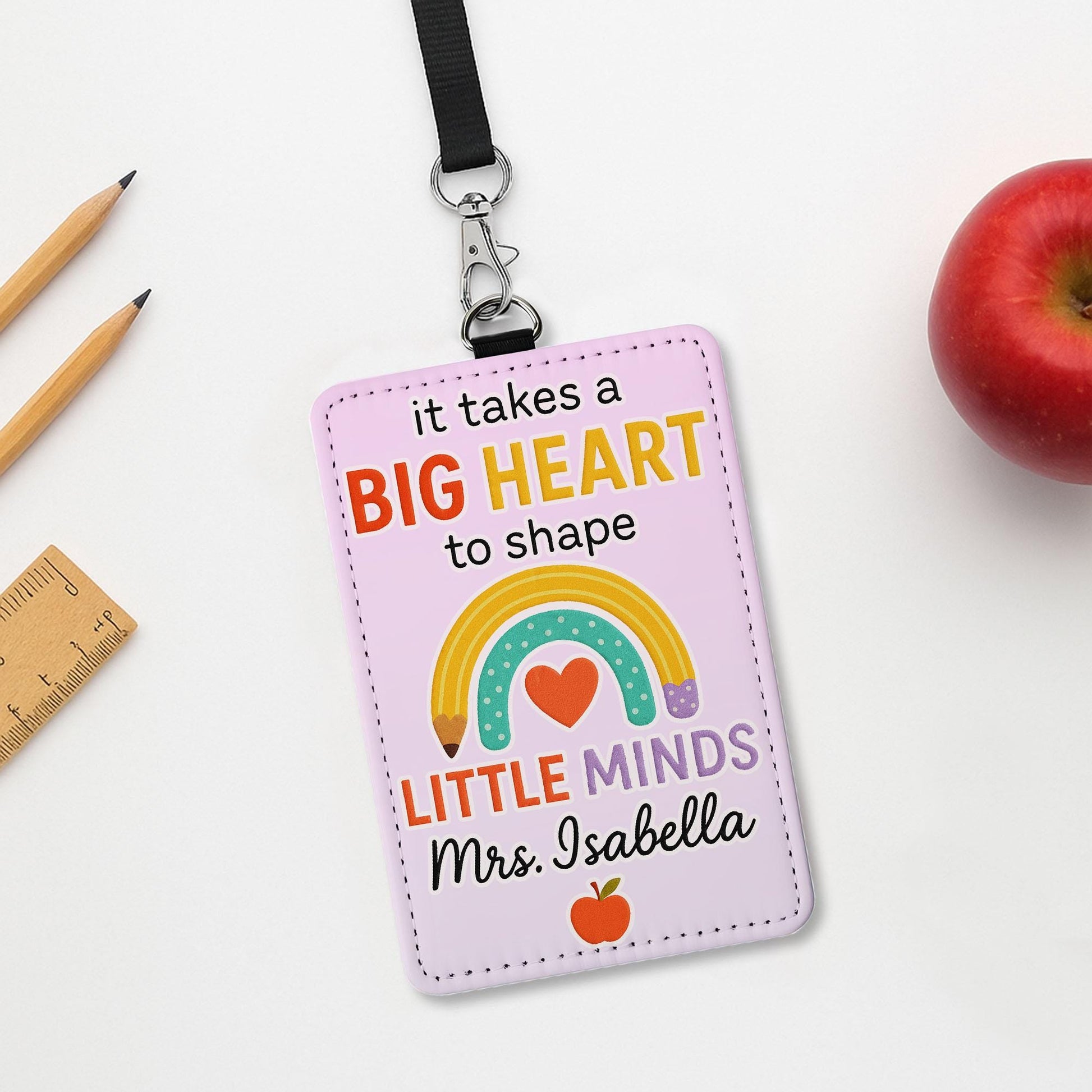 Big Heart Teacher Badge Holder, Personalized Leather ID Tag, Rainbow Classroom Lanyard, Custom Teacher Gift, Back to School
