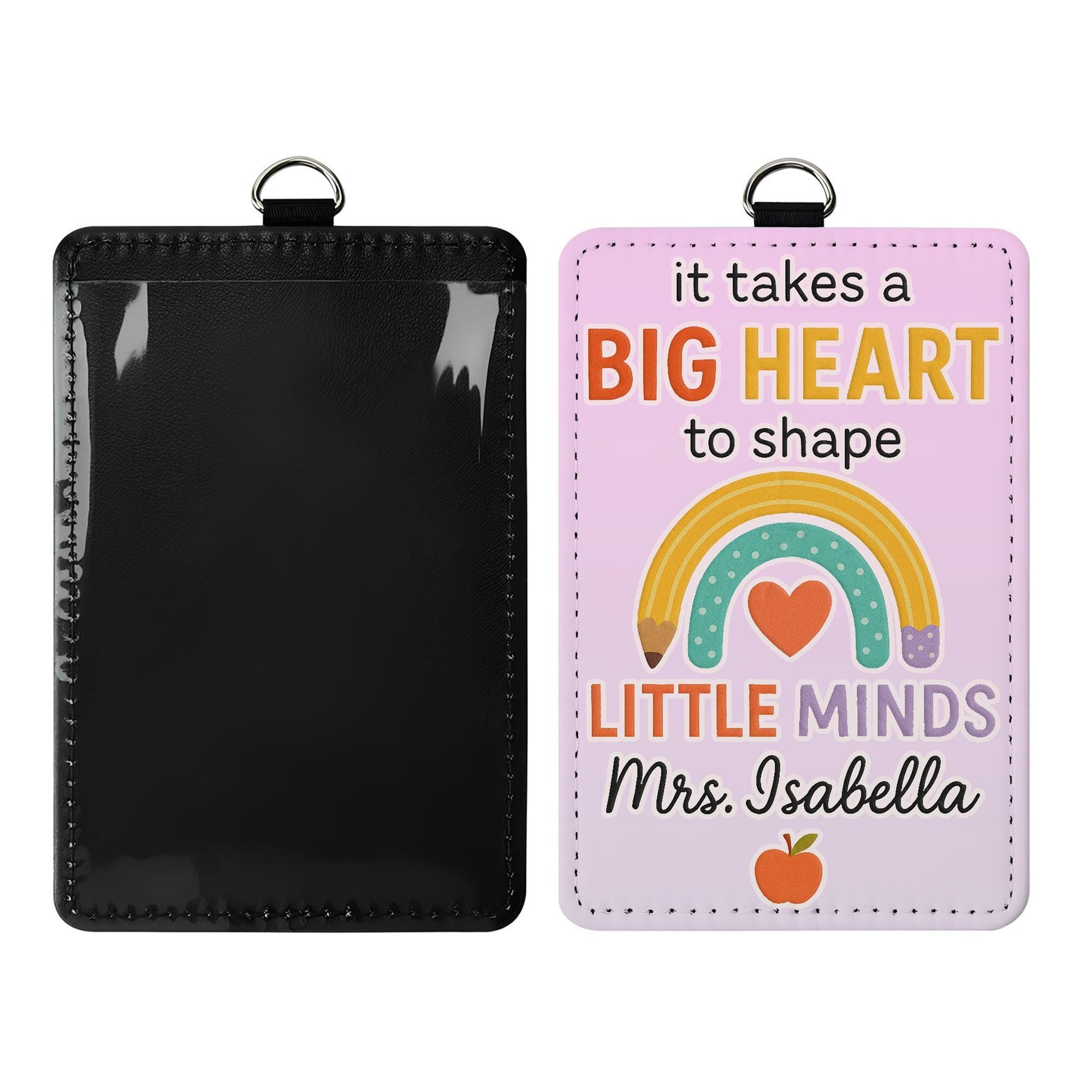 Big Heart Teacher Badge Holder, Personalized Leather ID Tag, Rainbow Classroom Lanyard, Custom Teacher Gift, Back to School