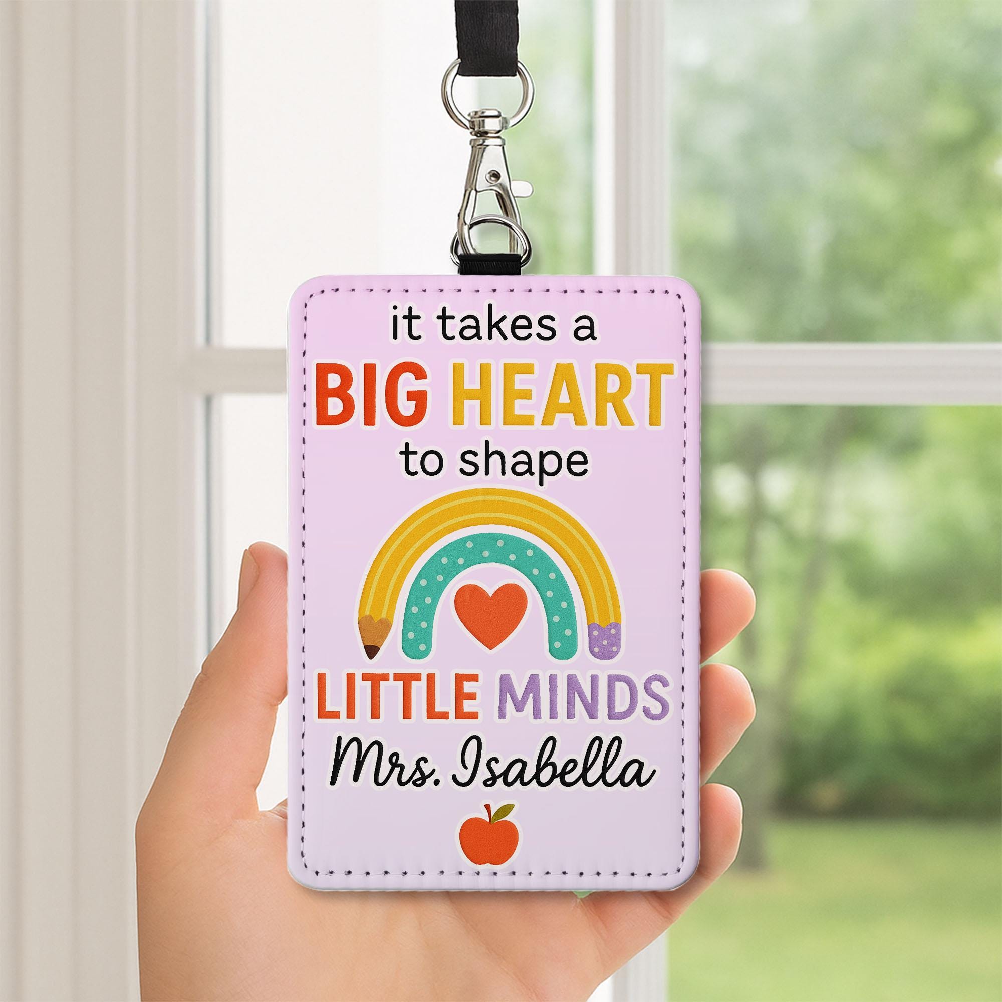 Big Heart Teacher Badge Holder, Personalized Leather ID Tag, Rainbow Classroom Lanyard, Custom Teacher Gift, Back to School