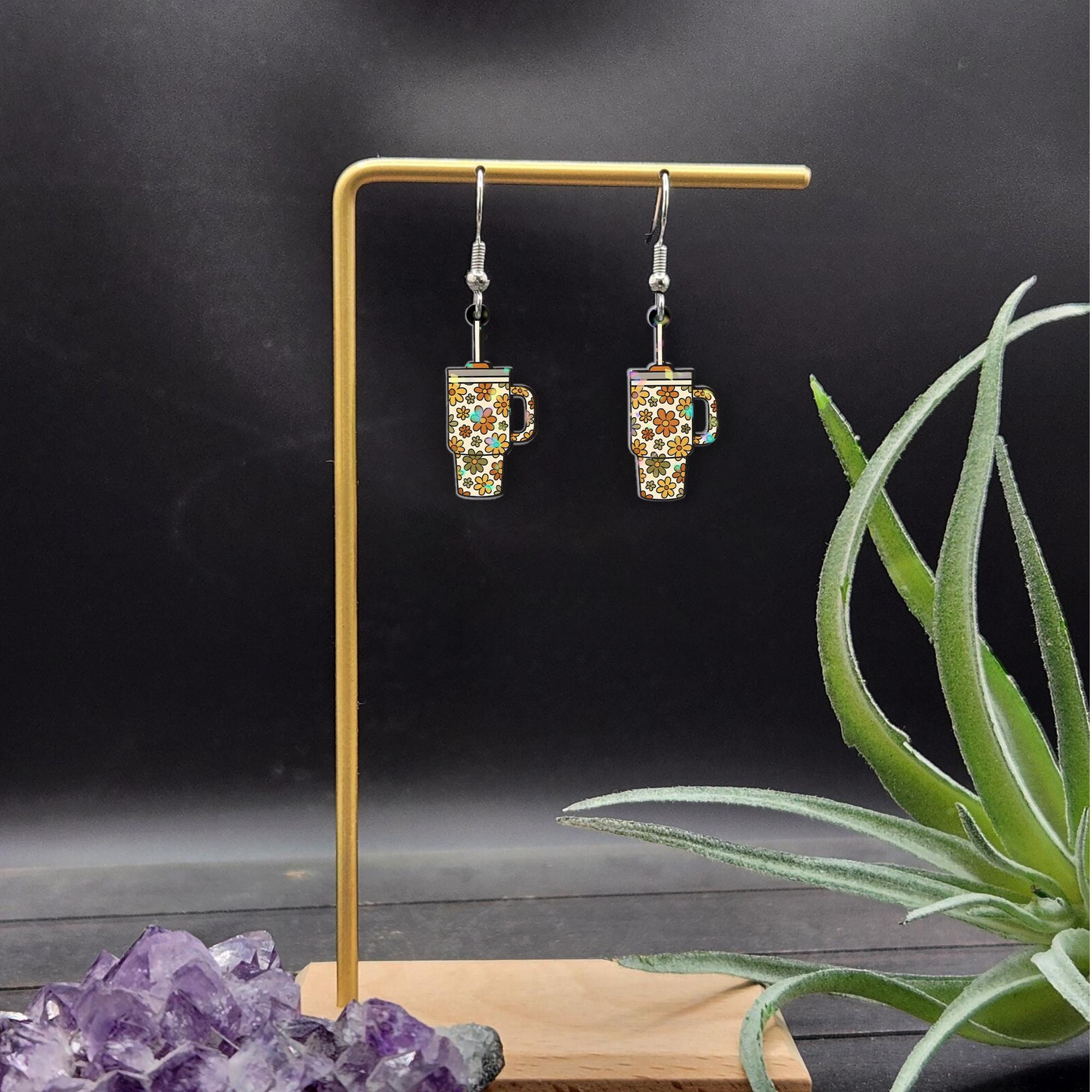 Retro Floral Tumbler Cup Earrings, Cute Tumbler Dangle Earring for Coffee Lovers, Groovy Drinkware Jewelry Gift for Her, Back To School Gift