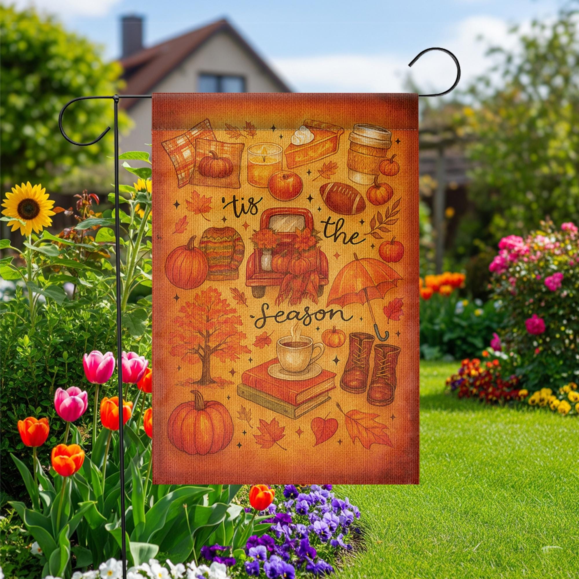 Tis the Season Fall Garden Flag, Cozy Autumn Yard Decor, Pumpkin Pie Coffee Porch Sign, Seasonal Outdoor Flag for Front Lawn