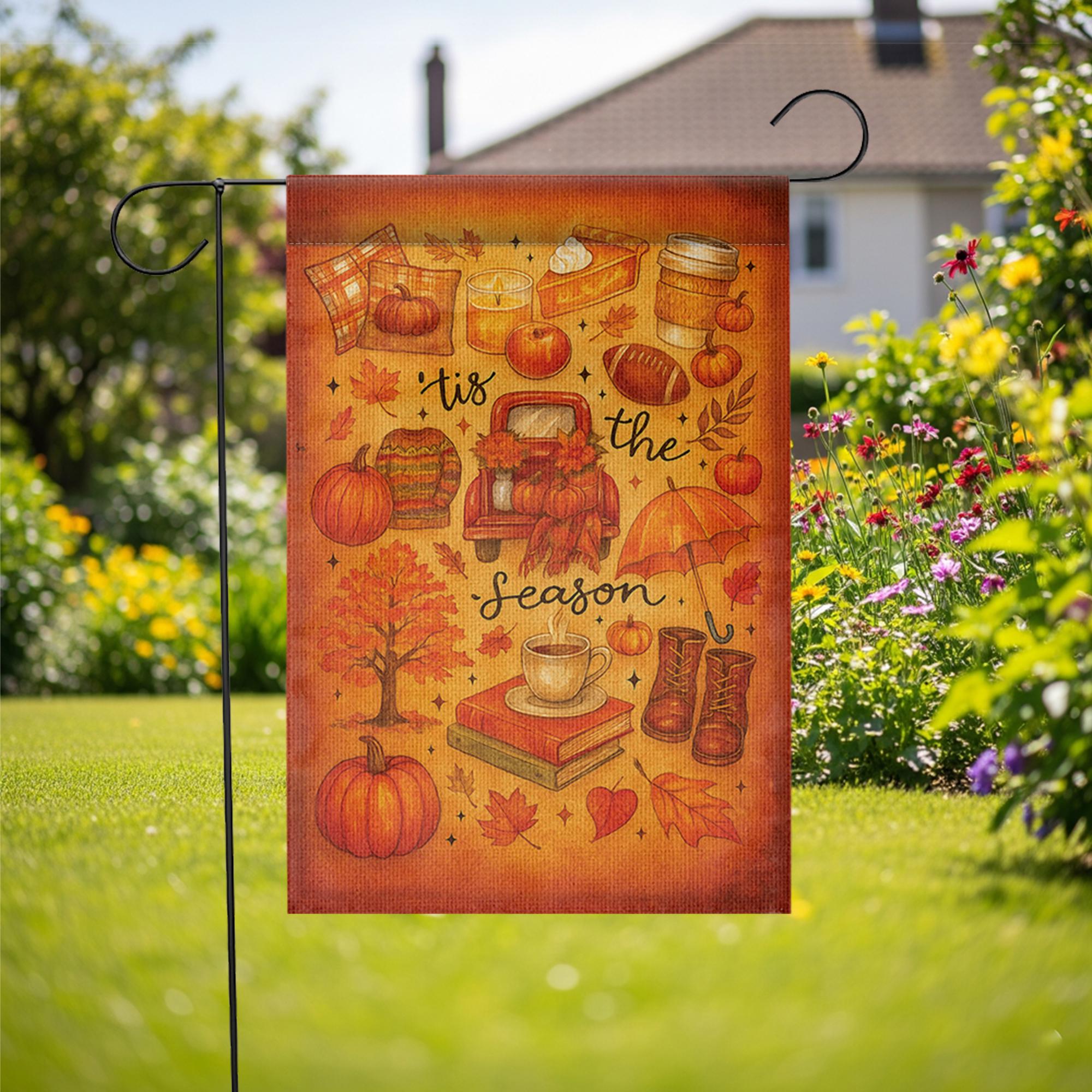 Tis the Season Fall Garden Flag, Cozy Autumn Yard Decor, Pumpkin Pie Coffee Porch Sign, Seasonal Outdoor Flag for Front Lawn