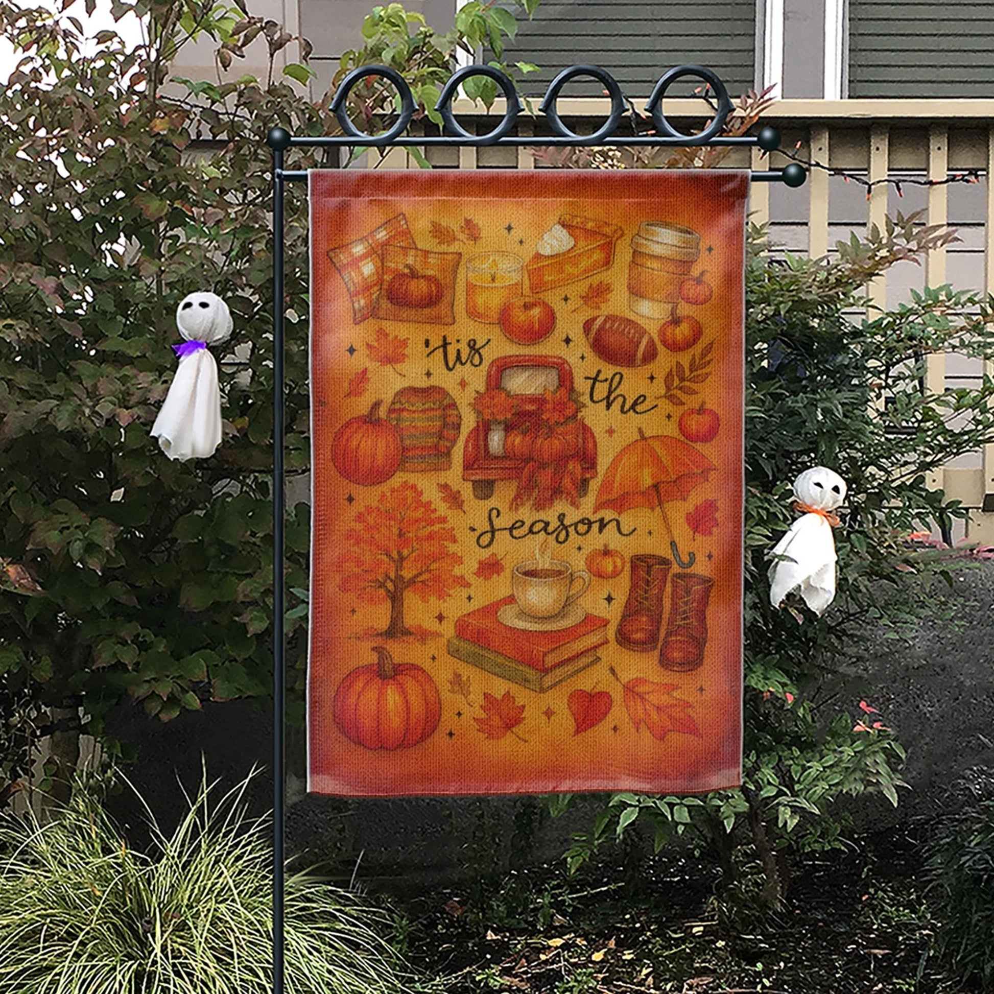 Tis the Season Fall Garden Flag, Cozy Autumn Yard Decor, Pumpkin Pie Coffee Porch Sign, Seasonal Outdoor Flag for Front Lawn
