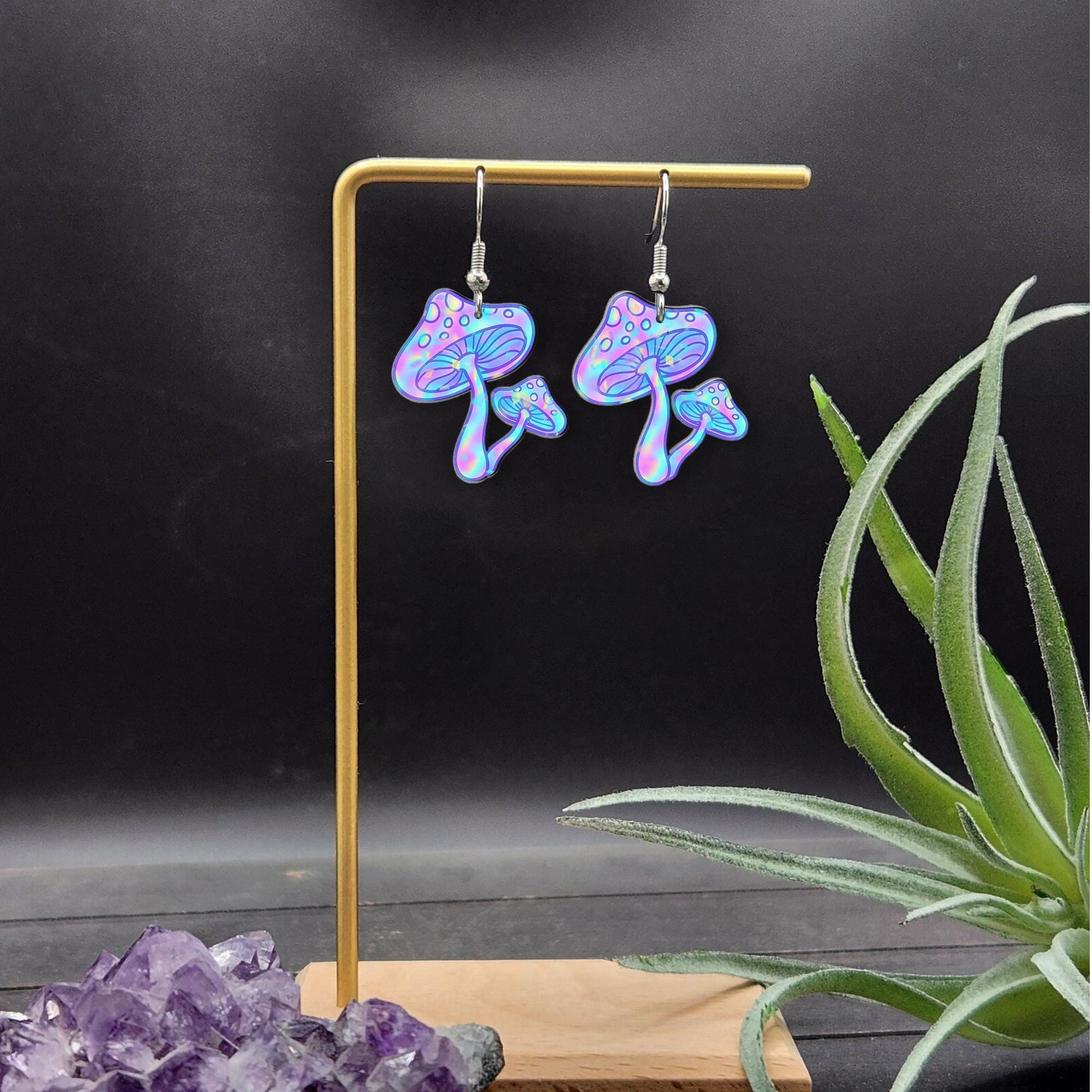 Holographic Mushroom Earrings, Trippy Pastel Toadstool Dangle Earrings, Psychedelic Fairycore Jewelry, Cottagecore Gift for Her, Funky Gift