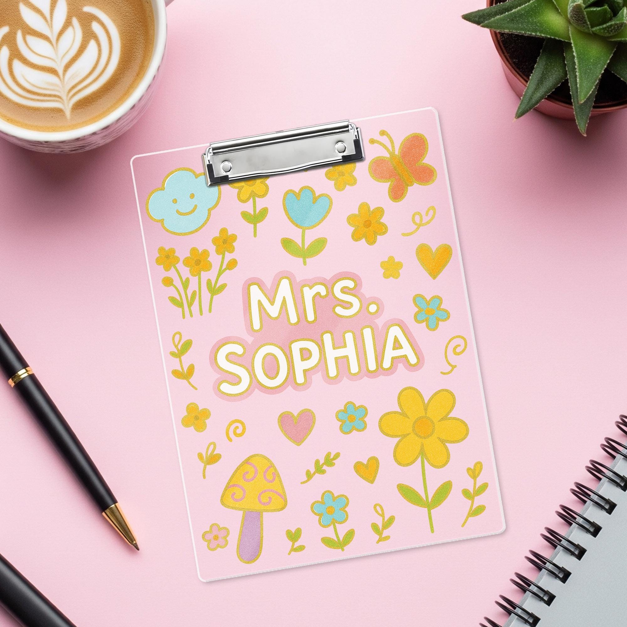 Custom Teacher Clipboard with Name, Cute Pastel Floral School Supply, Personalized Classroom Gift for Educators, Boho Teacher Decor