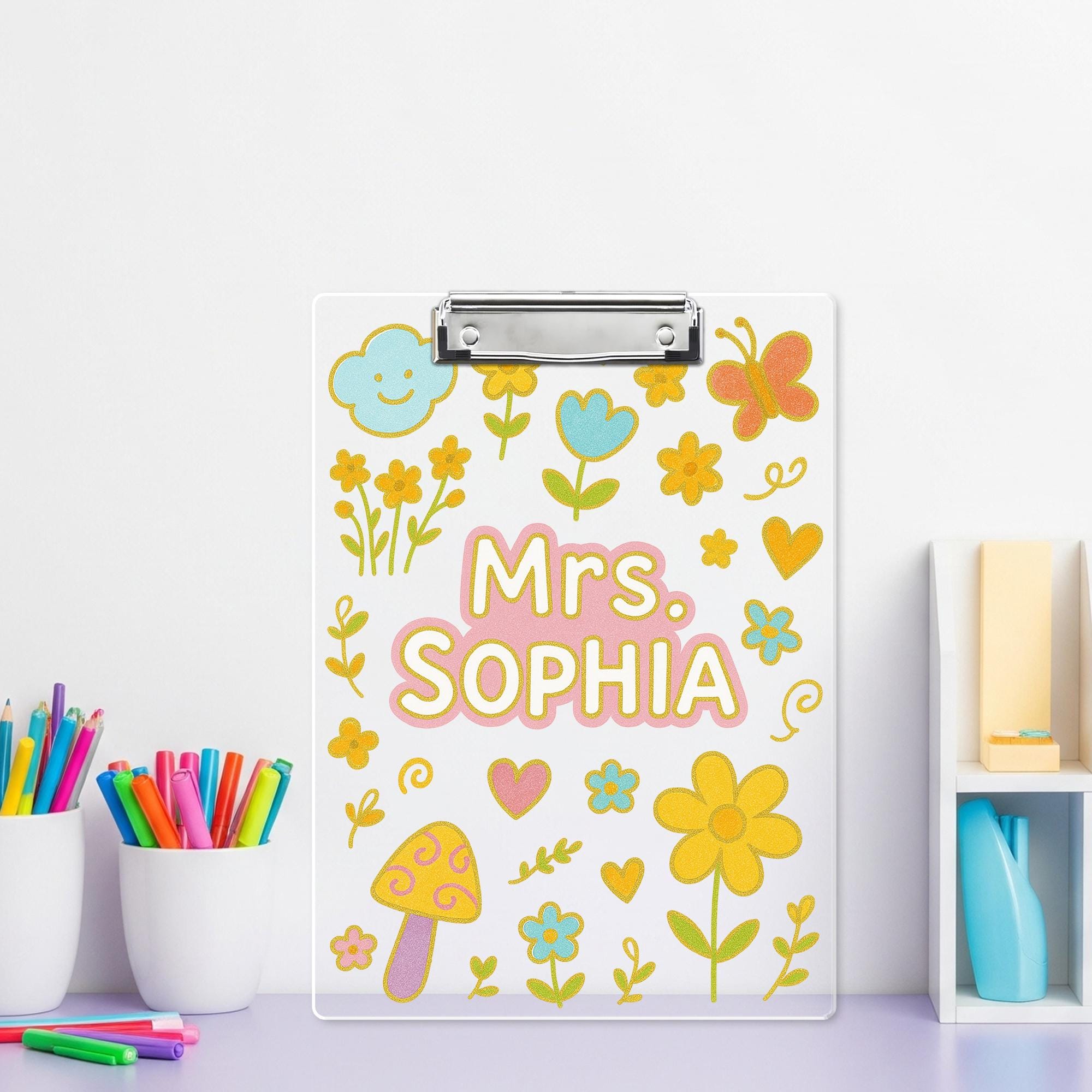 Custom Teacher Clipboard with Name, Cute Pastel Floral School Supply, Personalized Classroom Gift for Educators, Boho Teacher Decor