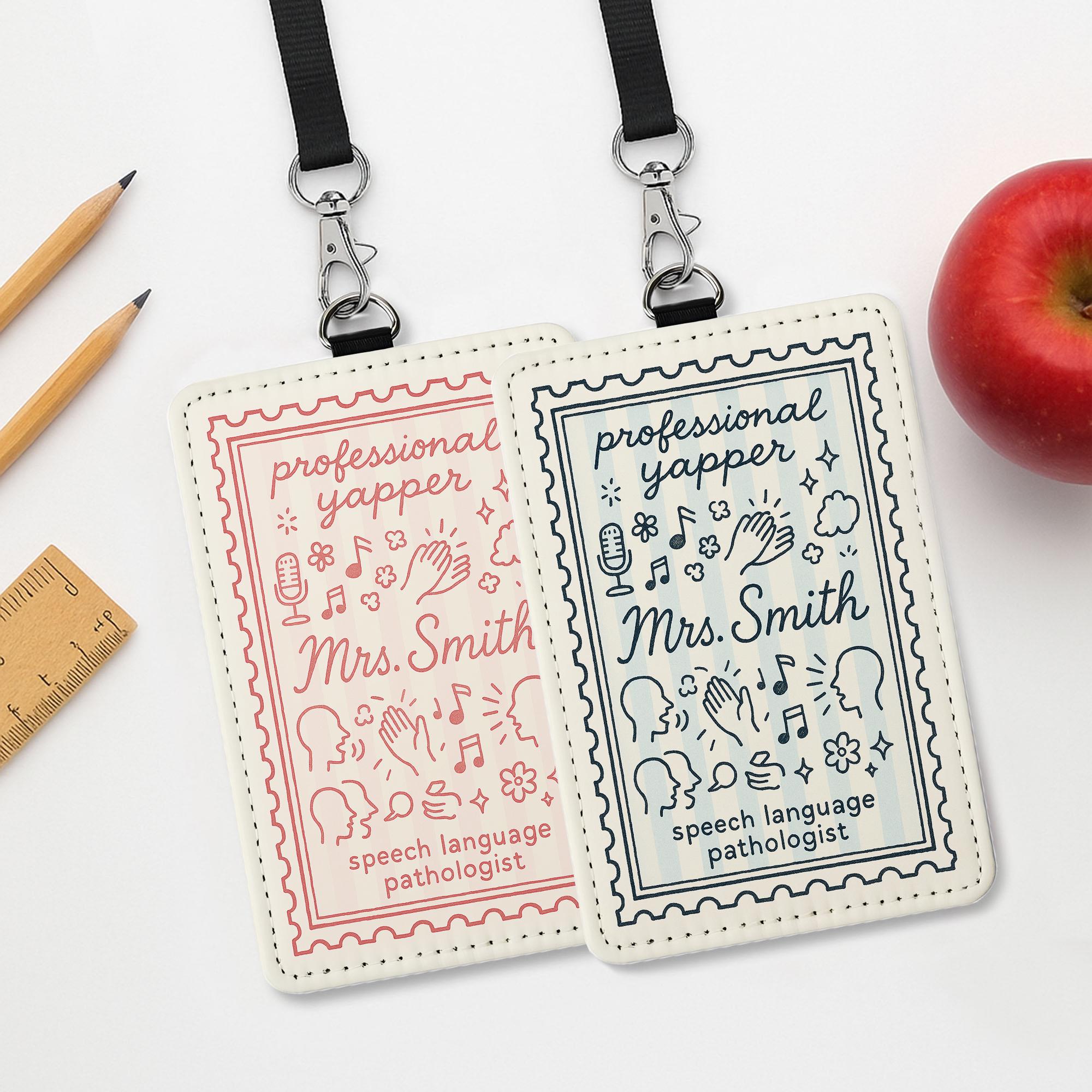 SLP Badge Holder, Professional Yapper ID Tag, Personalized Leather Badge Reel, Speech Pathologist Gift, Custom Work Lanyard