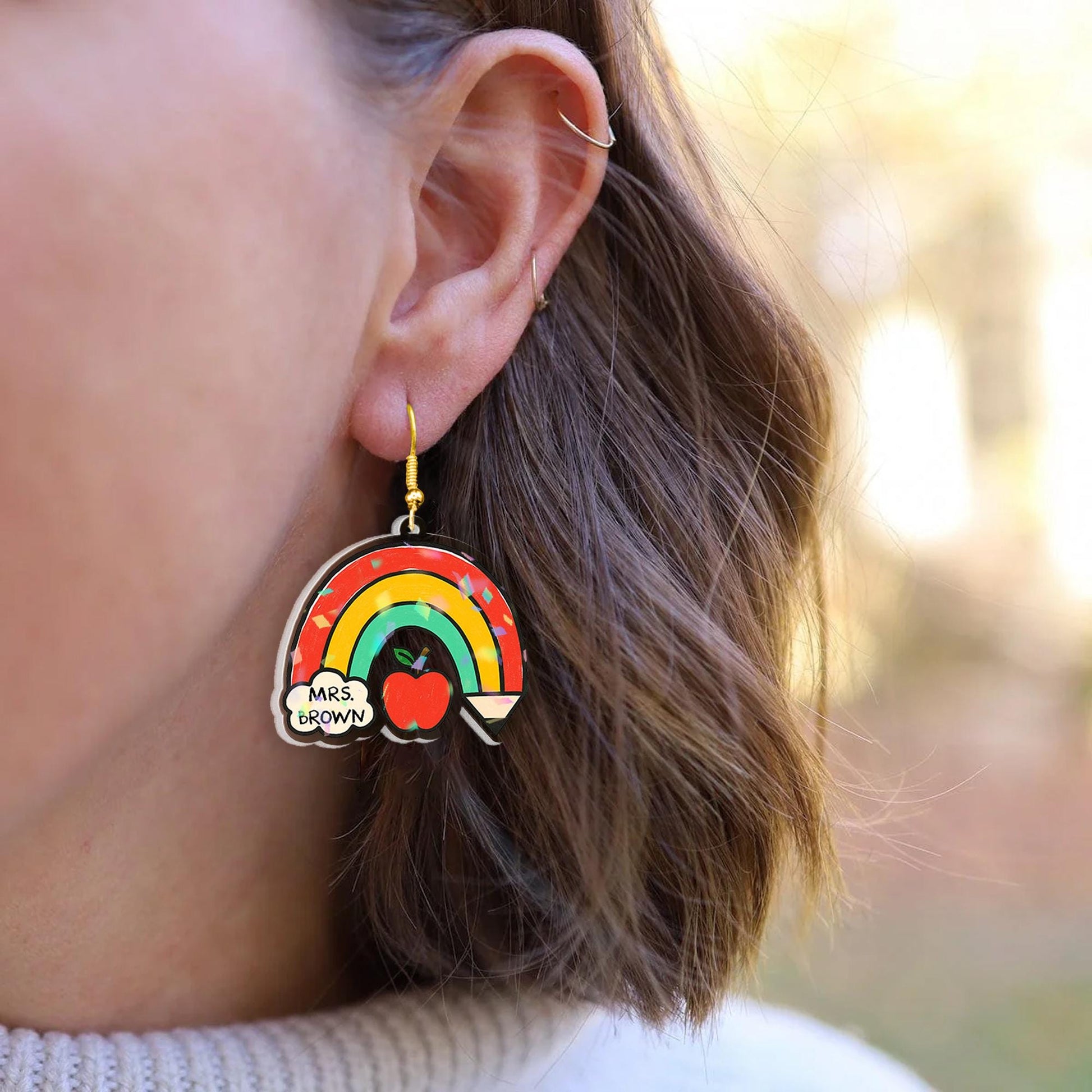Custom Teacher Rainbow Earrings, Personalized Apple Pencil Dangle Earrings, Cute Back to School Jewelry Gift for Teachers, Educators, Staffs